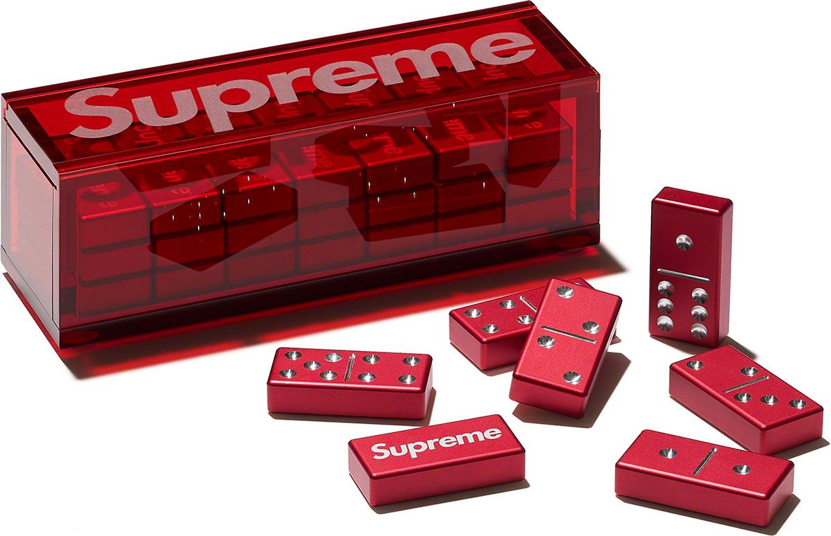 Supreme jumbo red aluminum dominoes set with box, fall 2022, new in box. Set of 28. Anodized aluminum. Etched.
