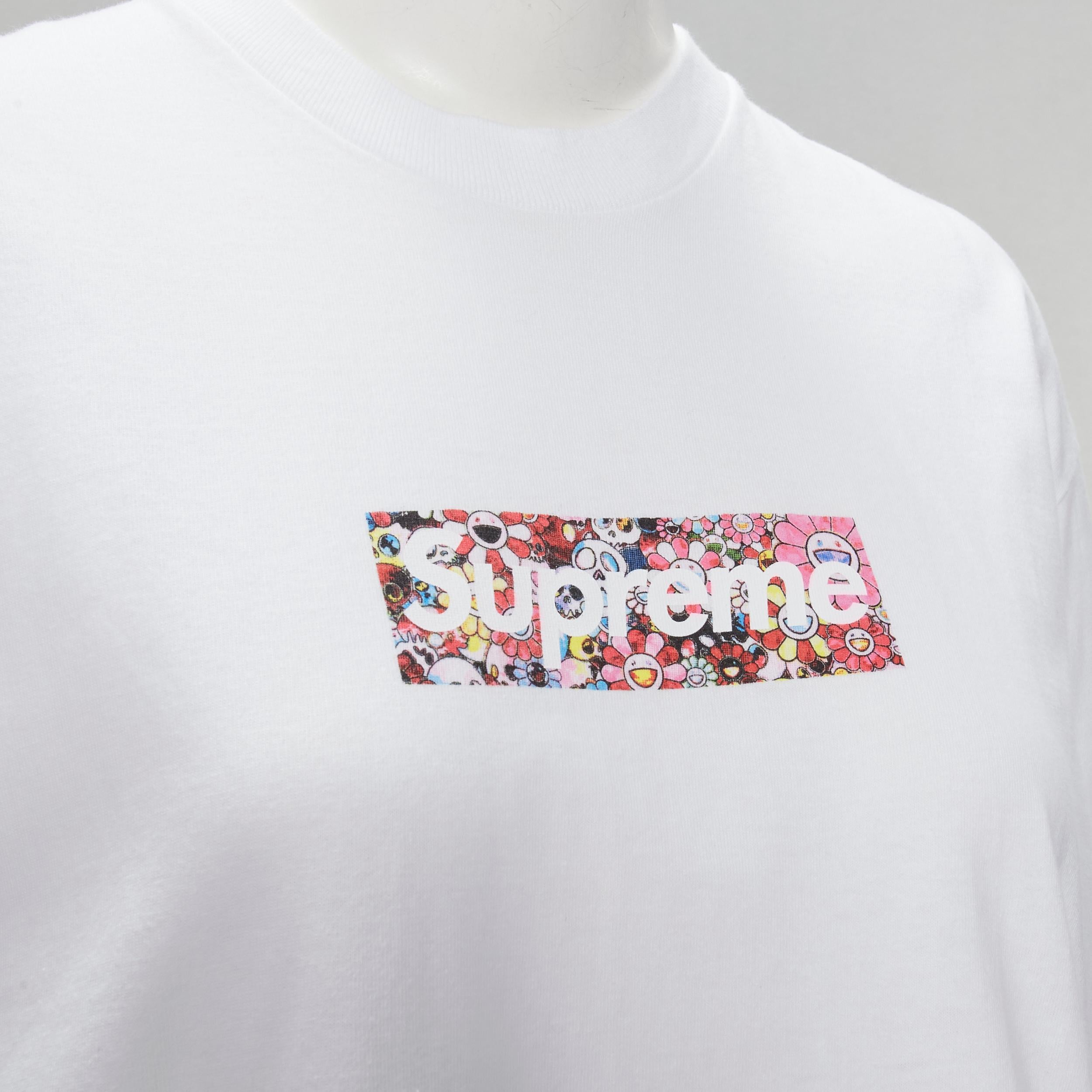 SUPREME Murakami Relief Fund floral box logo white cotton tshirt M
Brand: Supreme
Collection: Murakami Relief Fund 
Material: Cotton
Color: White
Pattern: Floral
Made in: United States

CONDITION:
Condition: Excellent, this item was pre-owned and is