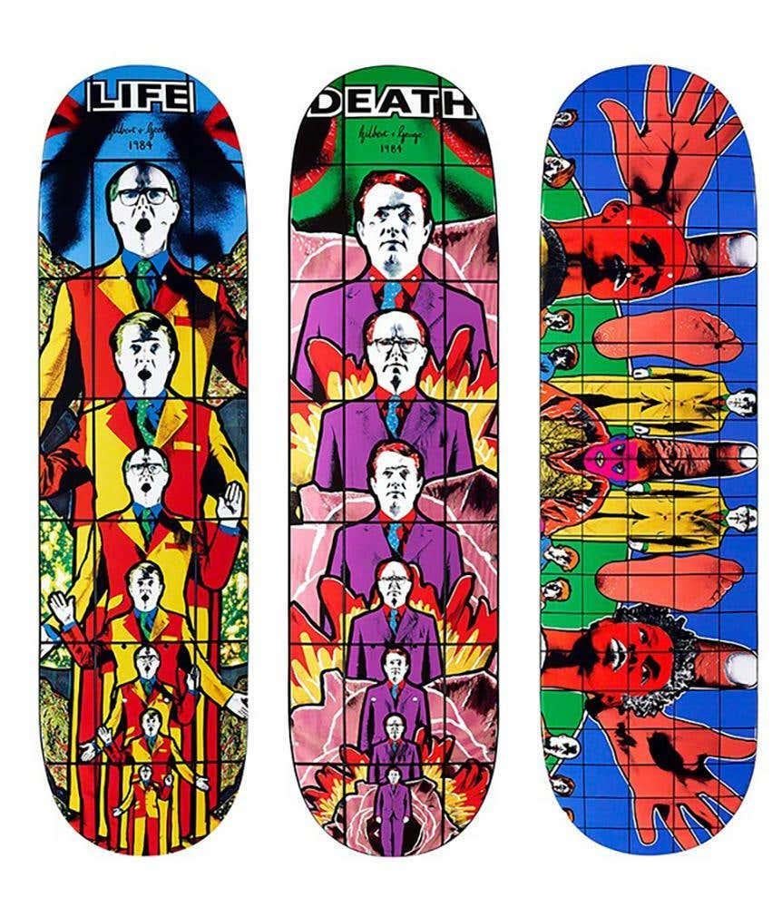 Complete Set of 3 Gilbert & George Supreme Skateboard Decks (New in original packaging):
A stand out skate triptych paying homage to Gilbert & George's 1984 Pictures series, through which Gilbert & George applied bold colors to a series of