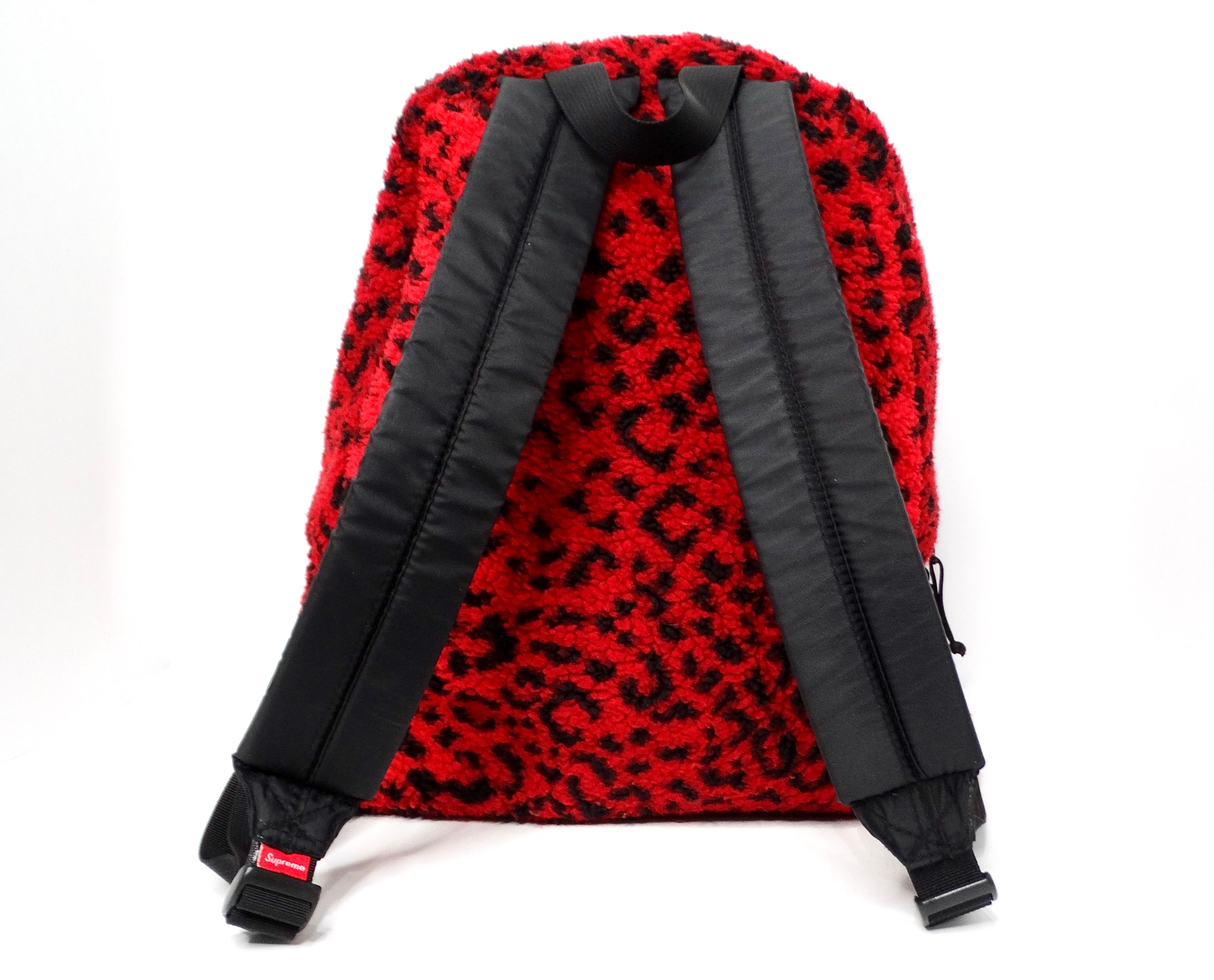 Women's or Men's Supreme Red & Black Leopard Print Fleece Backpack circa 2017 For Sale