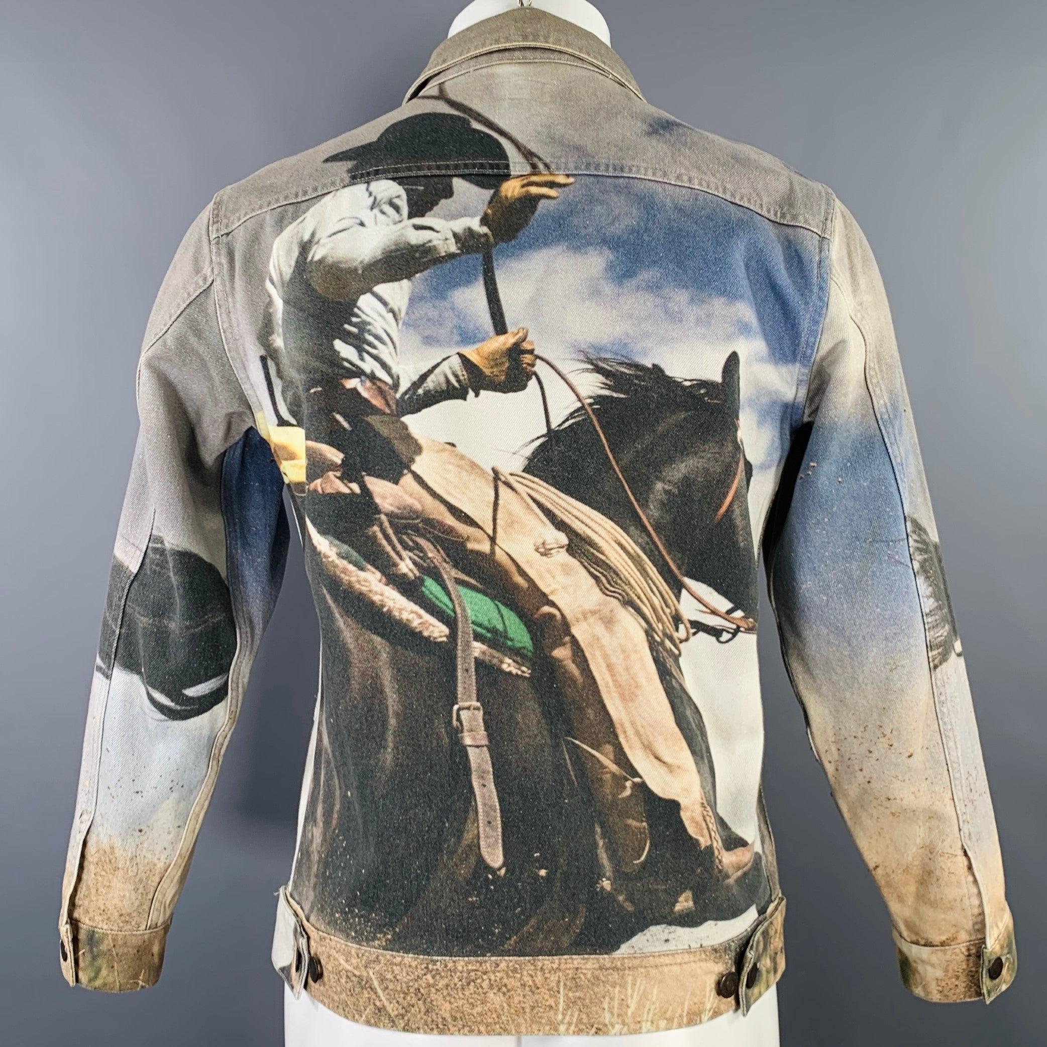 SUPREME Size S Grey Multi Color Print Denim Cowboy Worker Jacket In Excellent Condition In San Francisco, CA