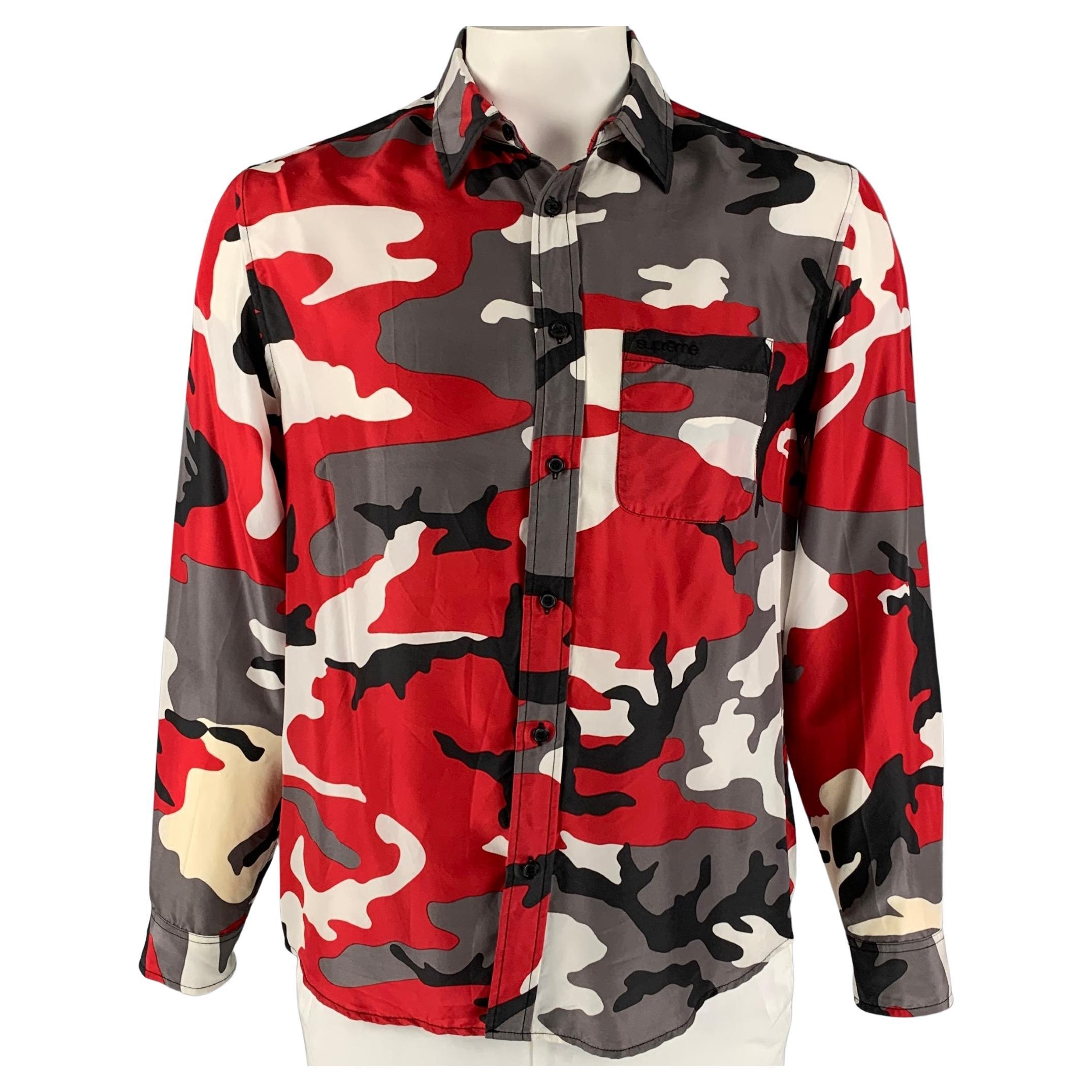 SUPREME SS 19 Collection Size M Red Grey Camouflage Silk Button Up Shirt