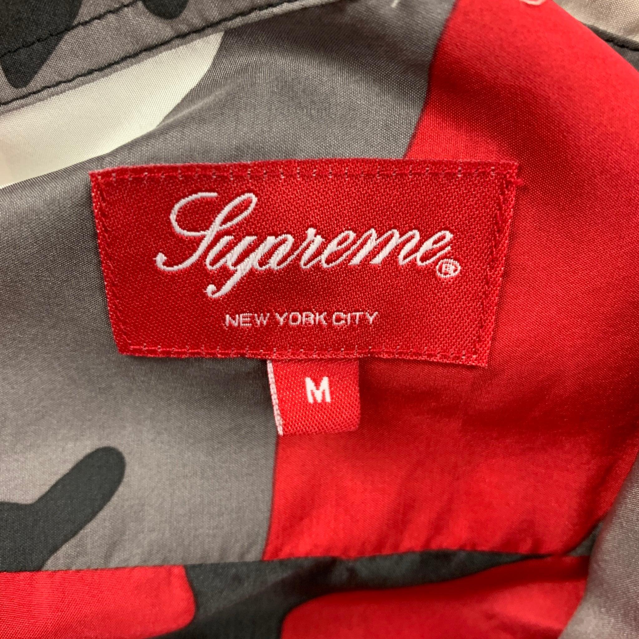 SUPREME SS 19 Collection Size M Red Grey Silk Button Up Long Sleeve Shirt For Sale 1