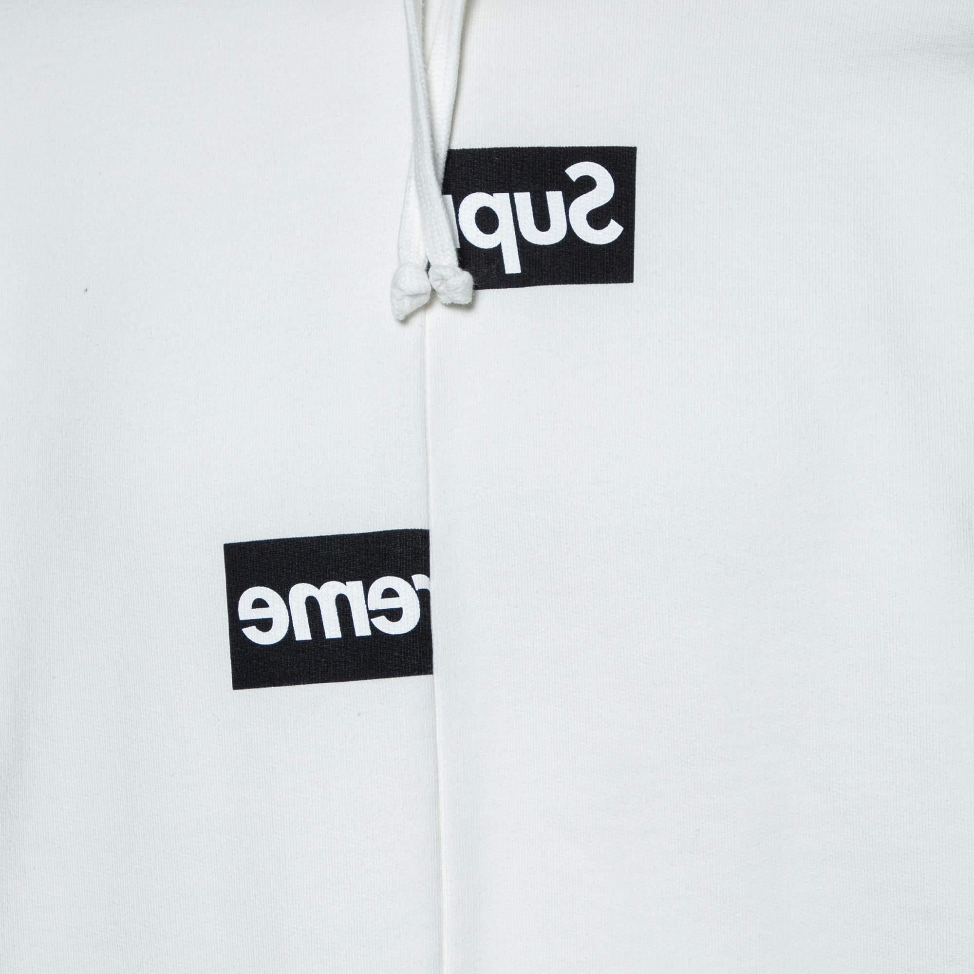 Men's Supreme x Comme des Garçons White Terry Knit Split Logo Hoodie L For Sale