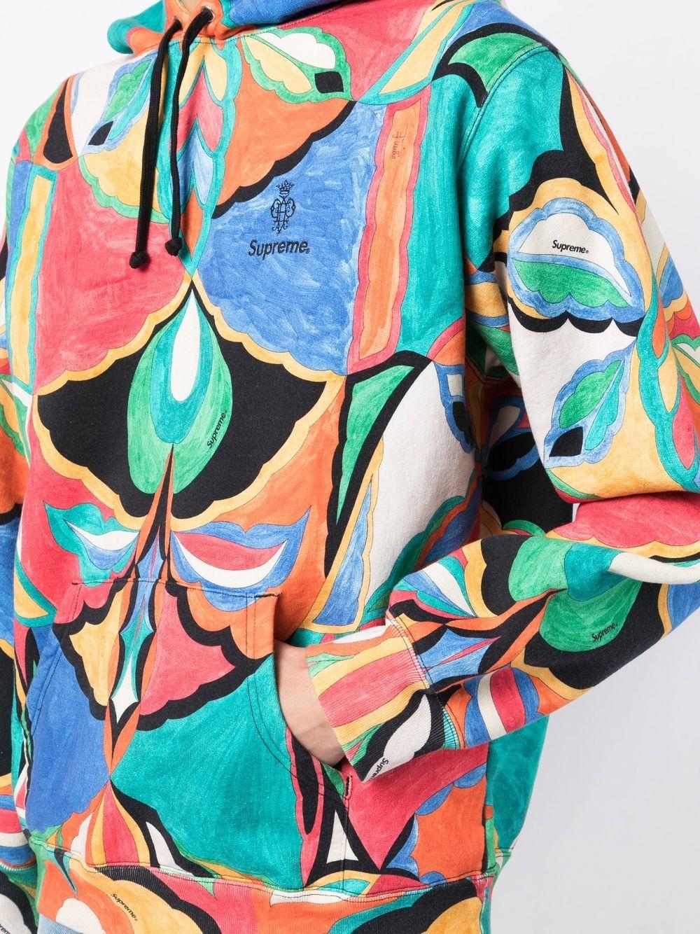 From the 2021 collaboration between Supreme and Emilio Pucci, this fun cross between luxury fashion and streetwear was a sell-out. Designed with an oversized brightly colored, abstract swirling print, the hoodie has been crafted from a fleece-back