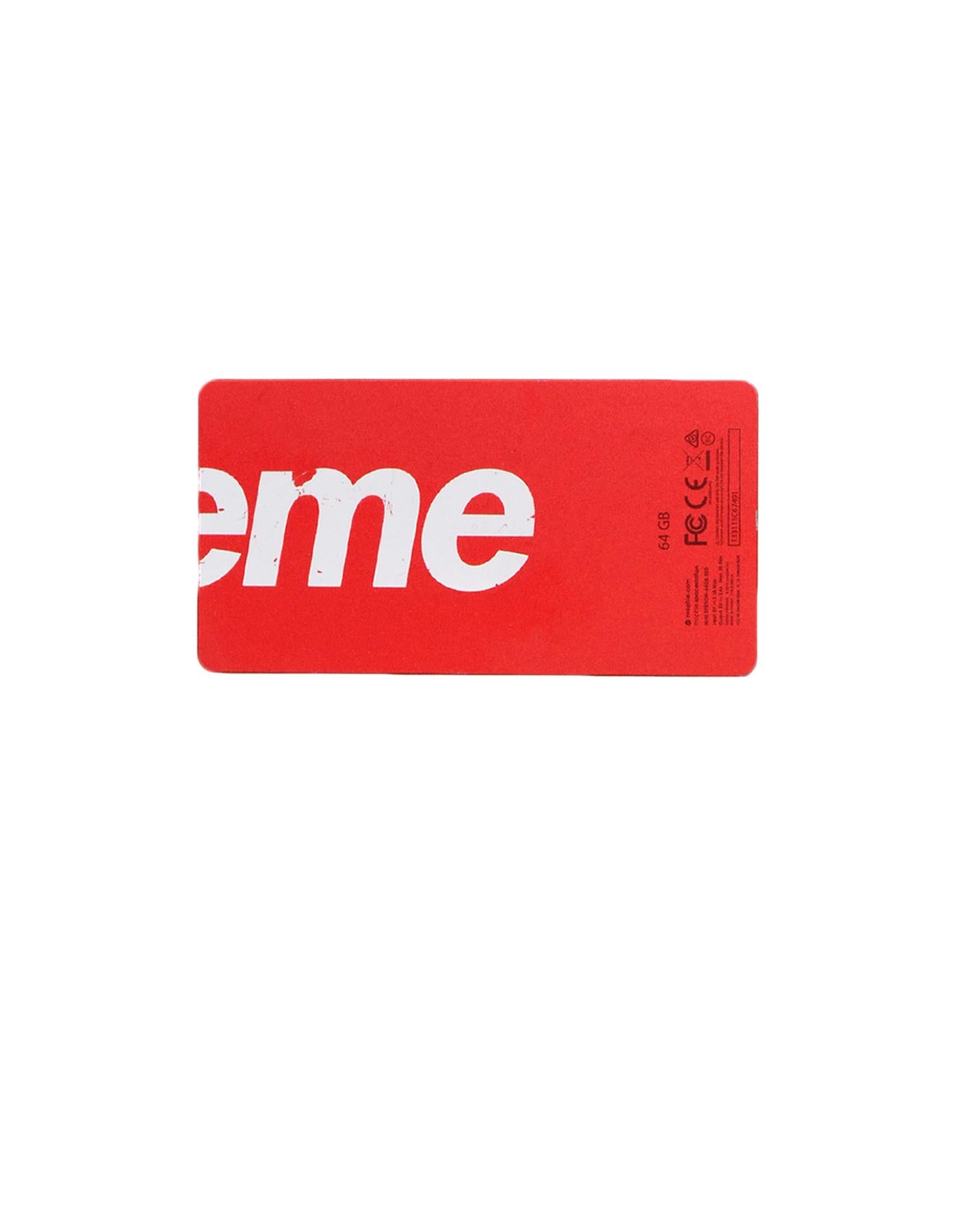 Supreme x Mophie 64gb External Storage/Battery Pack

Made In: China
Year of Production: 2015
Color: Red, White, Black
Materials: Metal
Overall Condition: Very good pre-owned condition.  Wear to lettering.

Measurements: 
4.25