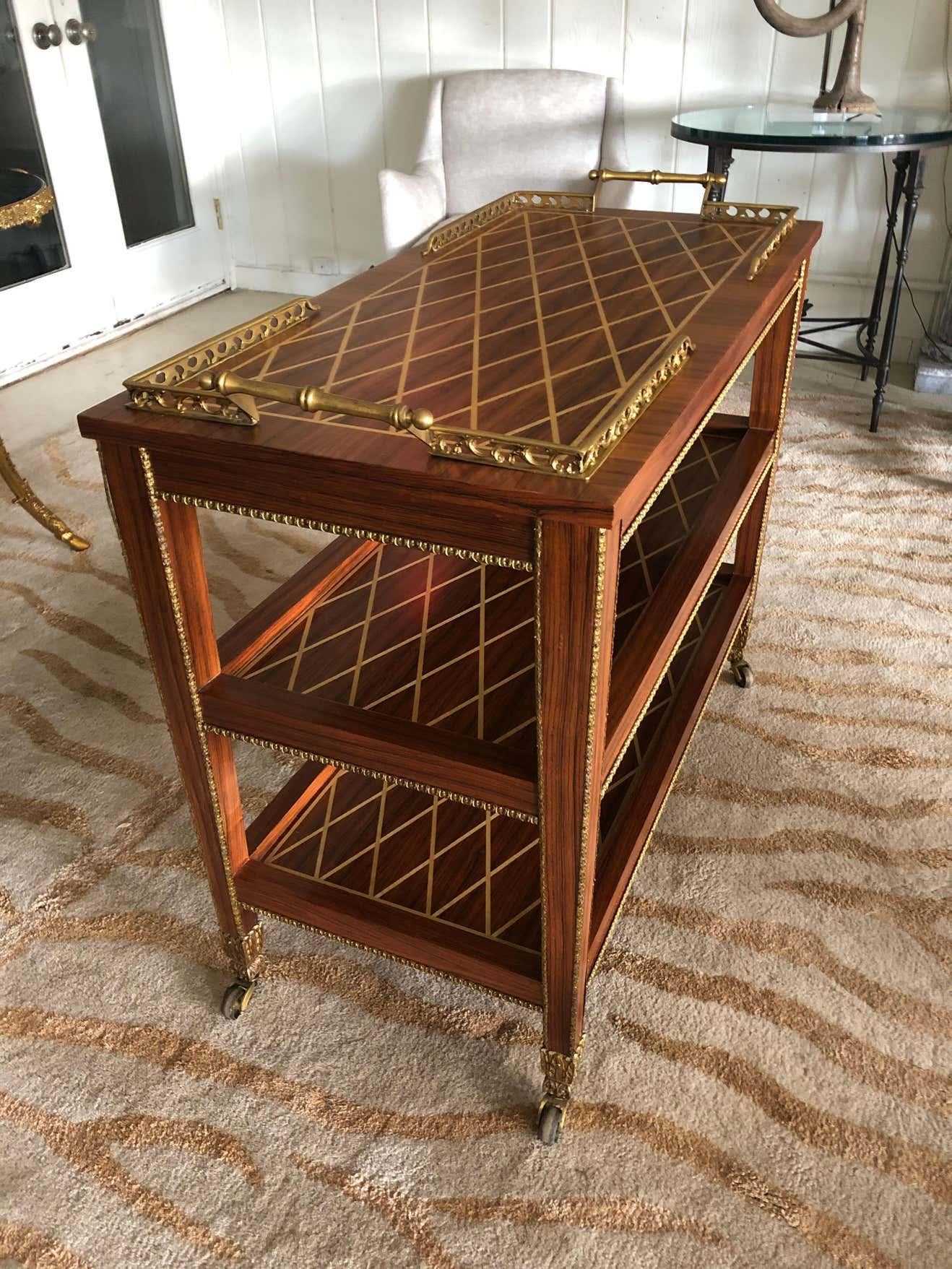 Supremely Elegant Italian Inlaid 3-Tier Bar Cart For Sale 2