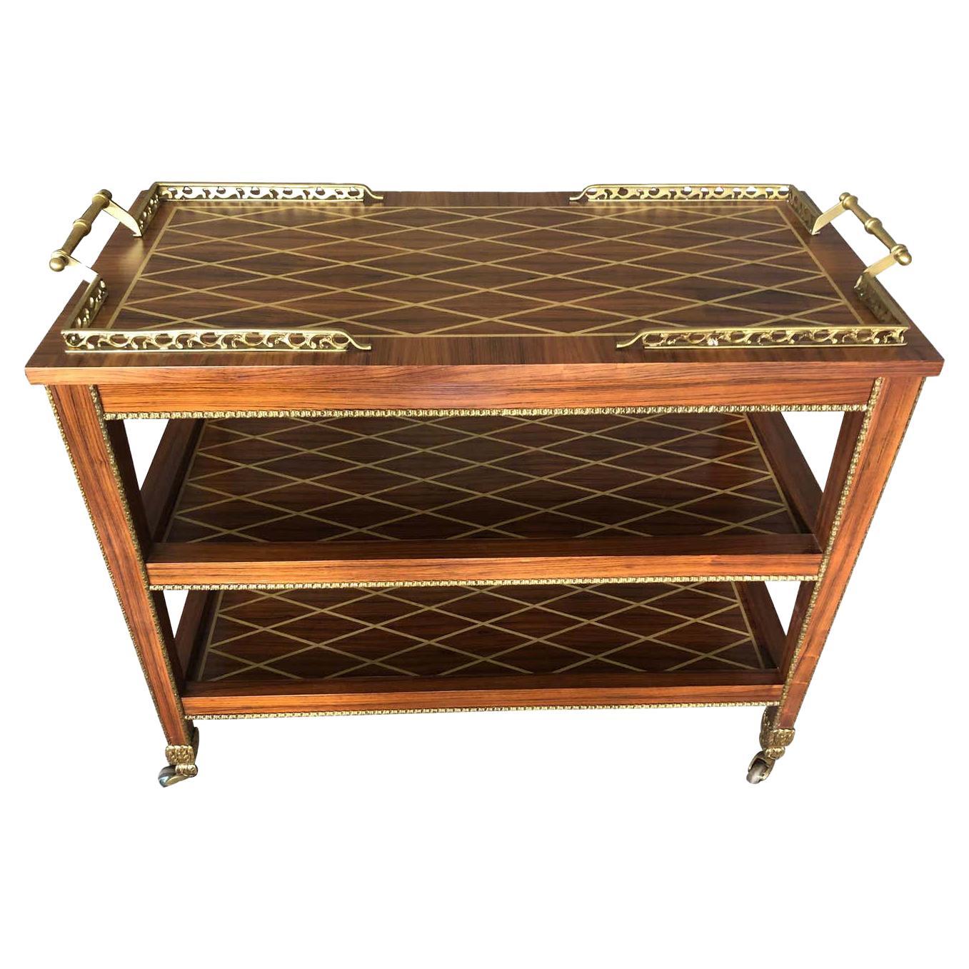 Supremely Elegant Italian Inlaid 3-Tier Bar Cart For Sale