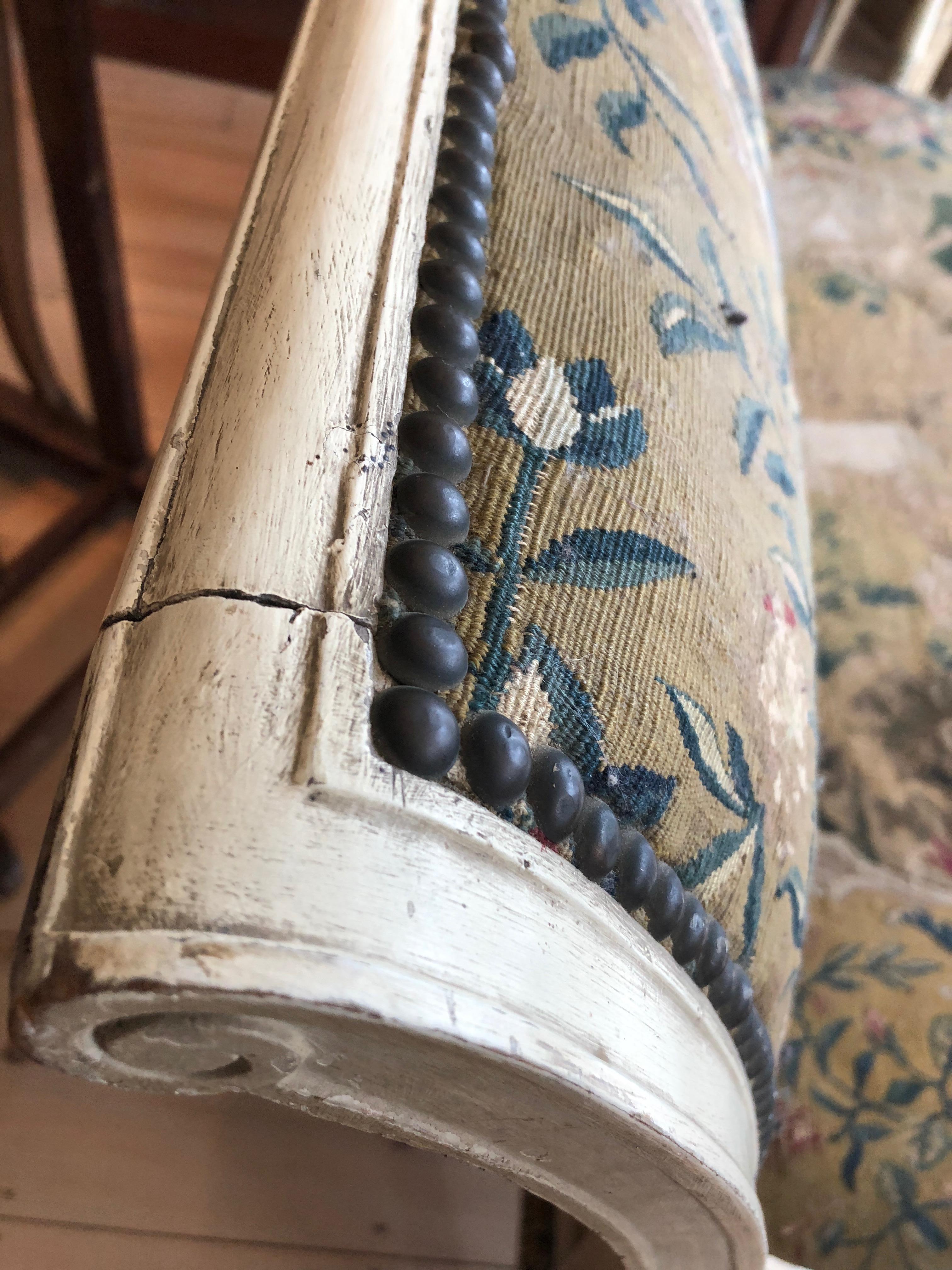 Supremely Pretty Whitewashed Antique French Settee with Original Tapestry 8