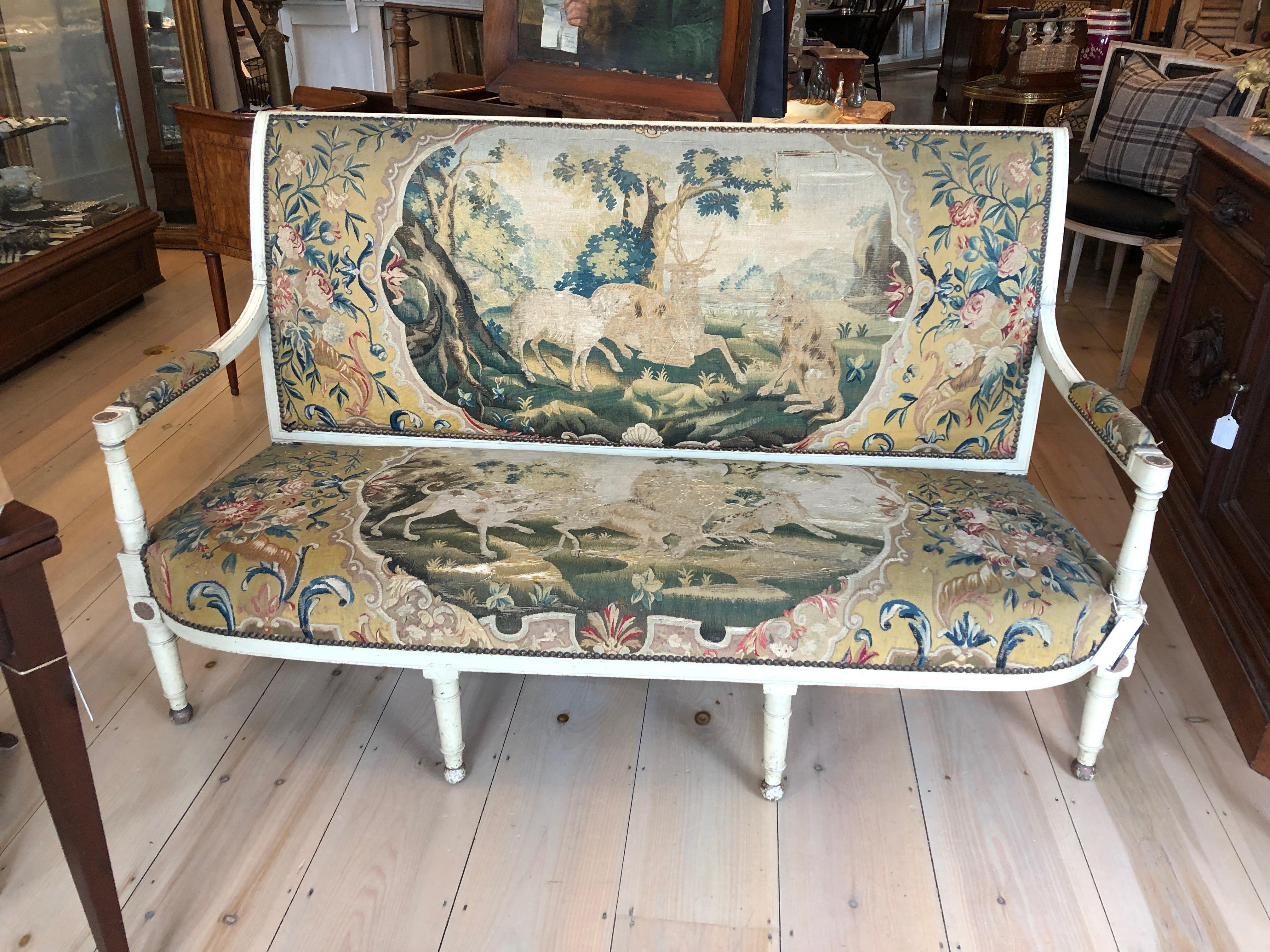 Supremely Pretty Whitewashed Antique French Settee with Original Tapestry 3