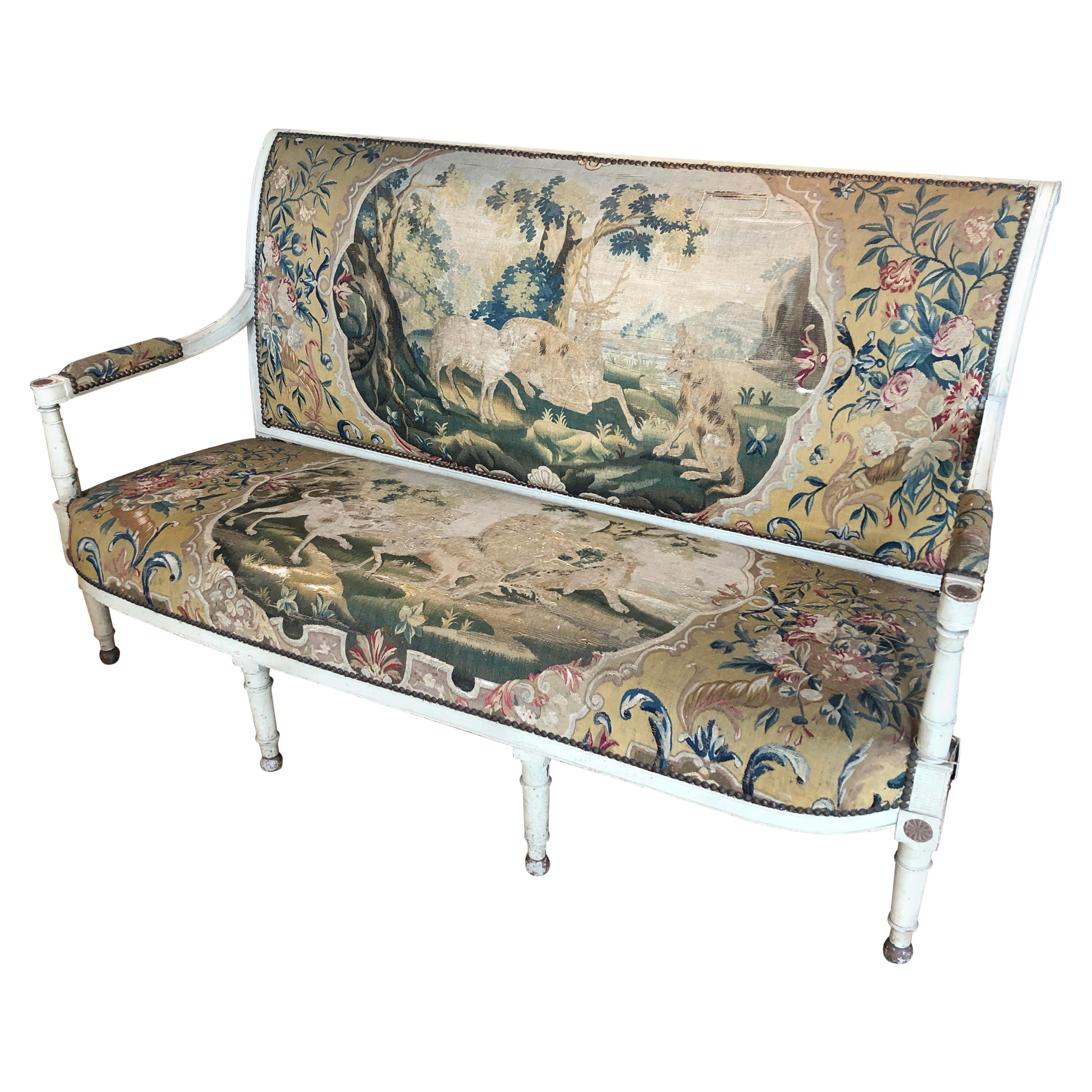 Supremely Pretty Whitewashed Antique French Settee with Original Tapestry