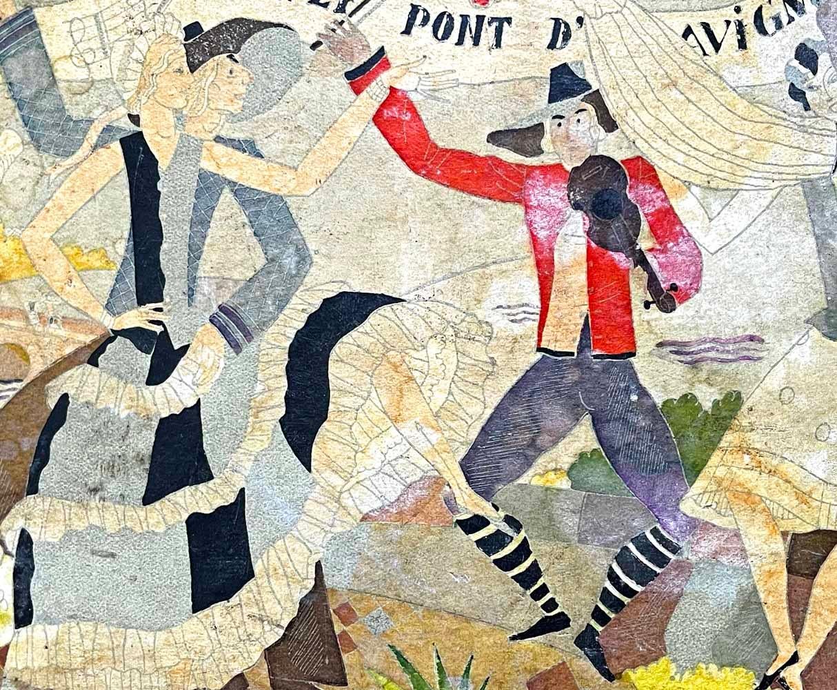 Bien qu'elle ait subi de nombreuses éraflures et indignités, cette rarissime boîte Art déco conserve tout son charme, les personnages de son couvercle jouant du violon et dansant sur l'air enfantin de 