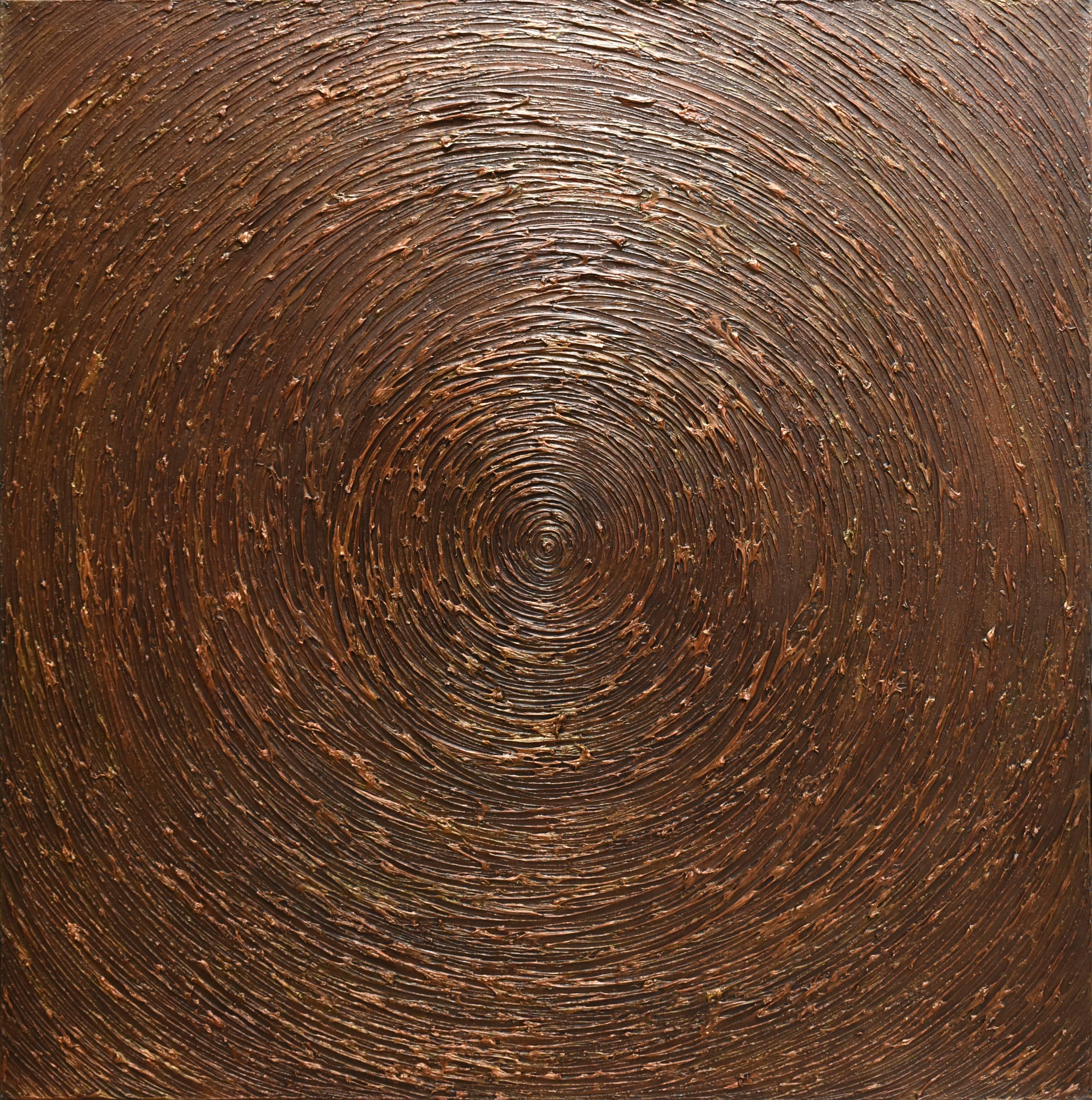 círculos abstractos y geométricos en espiral de color cobre y marrón por un artista tailandés