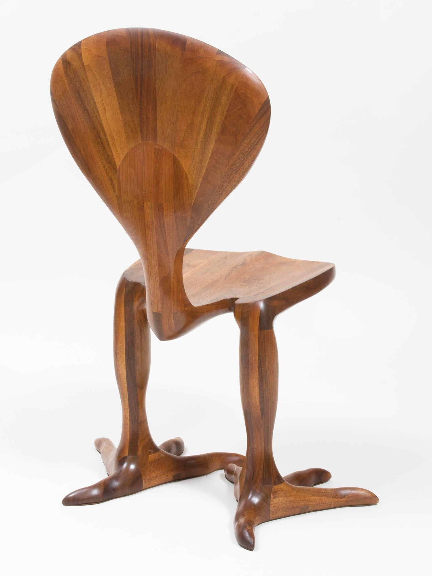 Amazing carved black walnut and koa dining chair with chicken features by Oregon-based artist Tim Mackaness made in the 1970s. Measures: Seat height 19 inches.