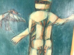 Surrealist Mixed Media Painting "Man and Bird" by Shizuye Takashima