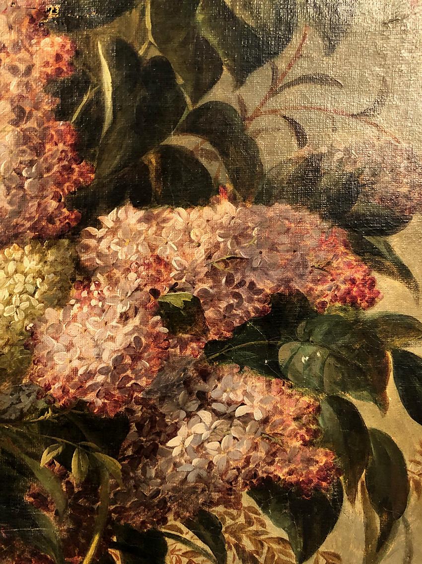 Sureau. Huile sur toile, “Bouquet de fleurs sur entablement”, XIXe For Sale 4