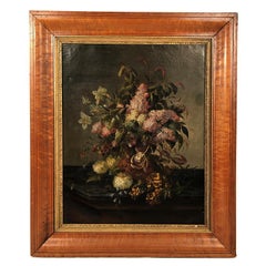 Antique Sureau. Huile sur toile, “Bouquet de fleurs sur entablement”, XIXe
