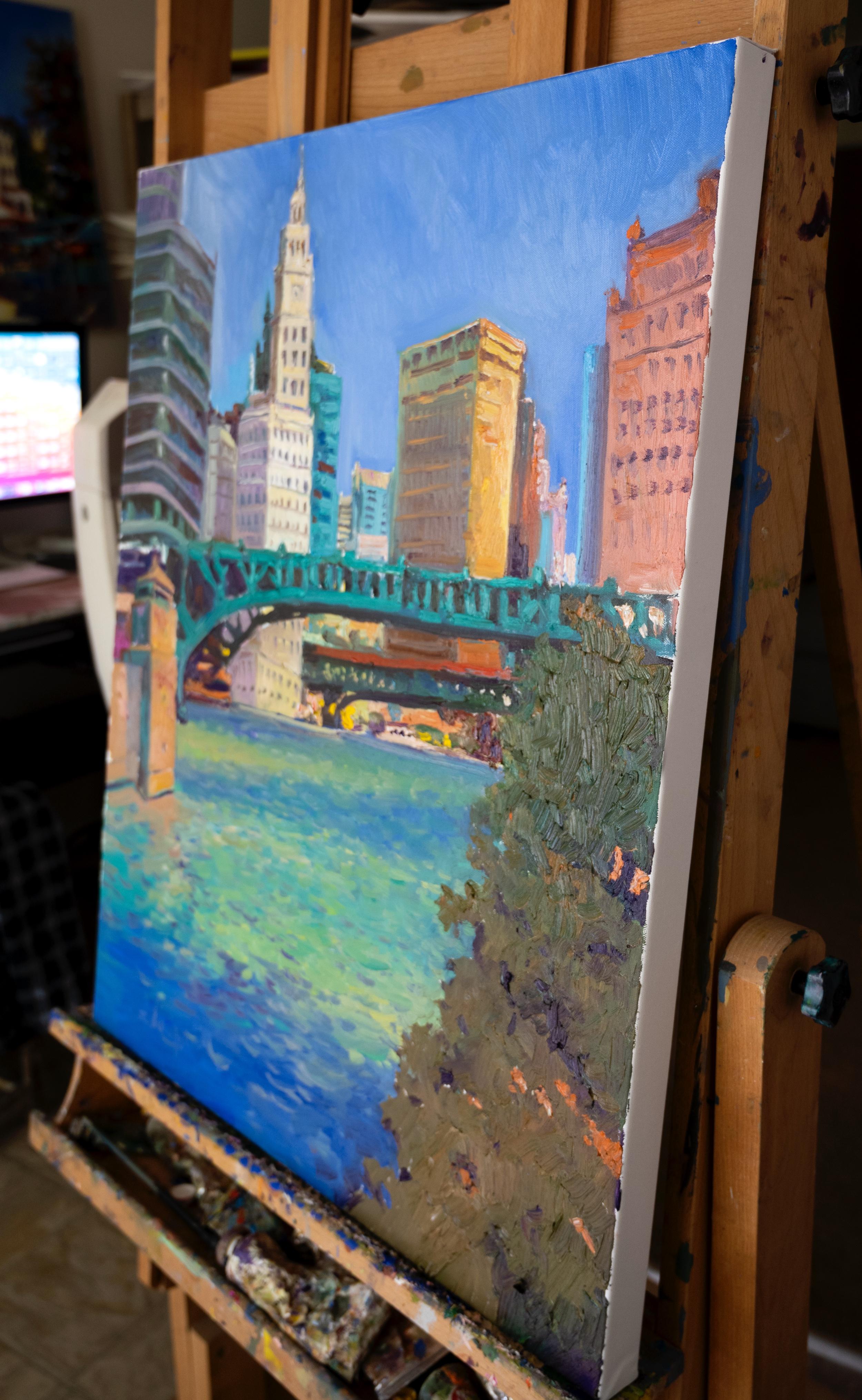 Chicago aus dem Fluss, Mitternachts, Ölgemälde (Abstrakter Impressionismus), Art, von Suren Nersisyan