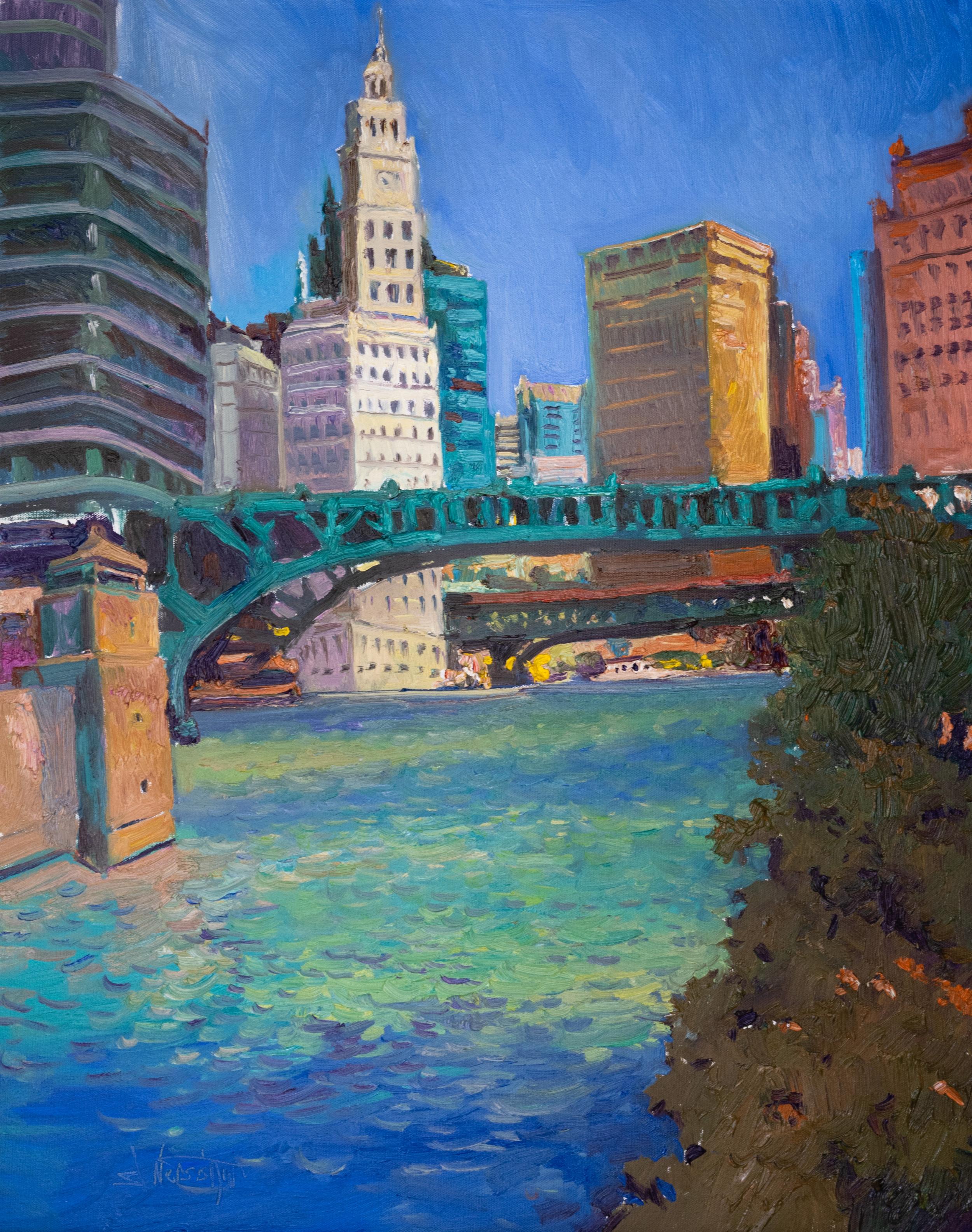 Chicago from the River, Midday, Oil Painting - Art by Suren Nersisyan