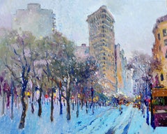 Early Winter Evening in New York, Flatiron Building, Impressionist Oil Painting