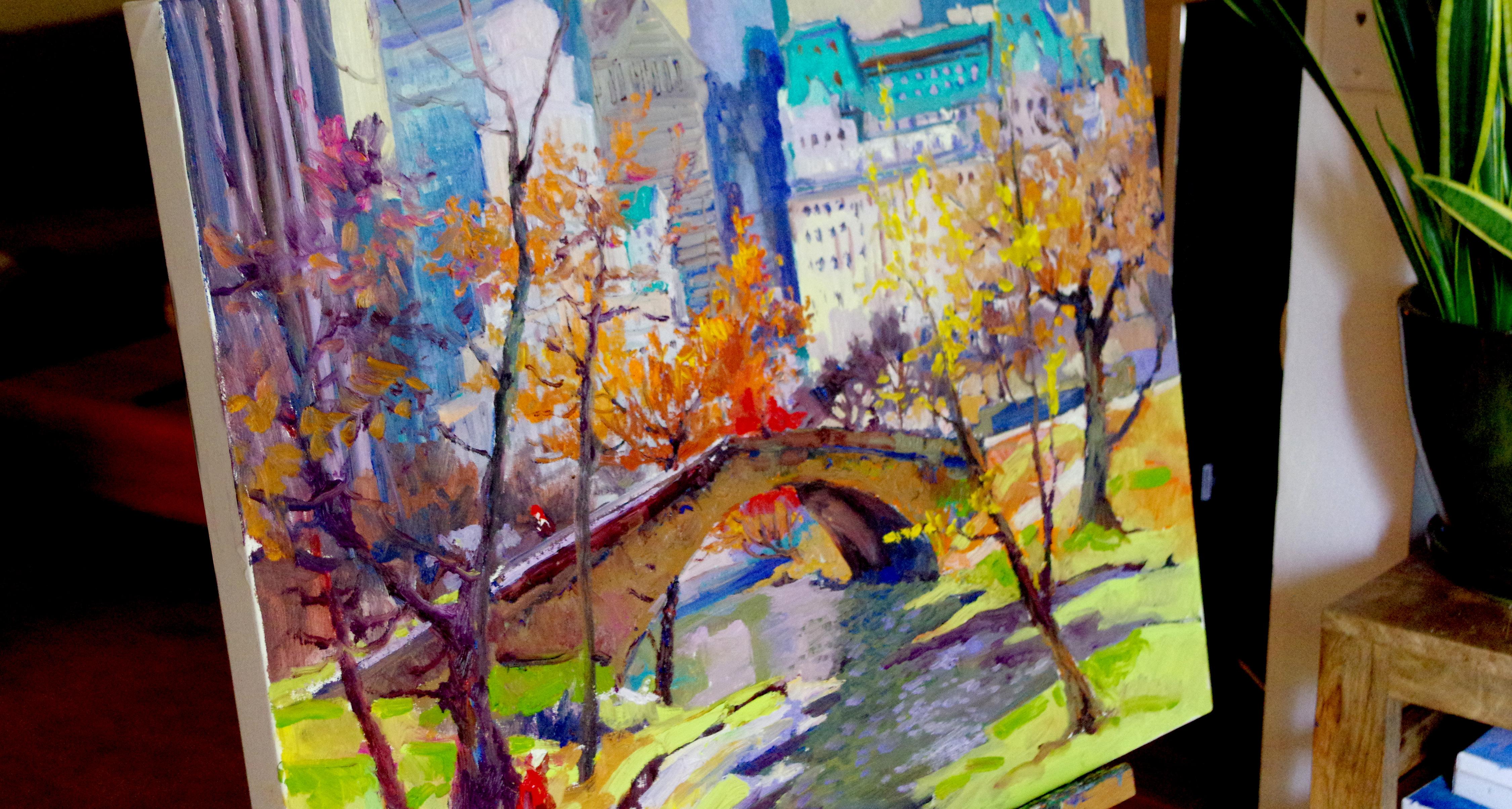 Fall in New York,  Central Park - Brown Interior Painting by Suren Nersisyan
