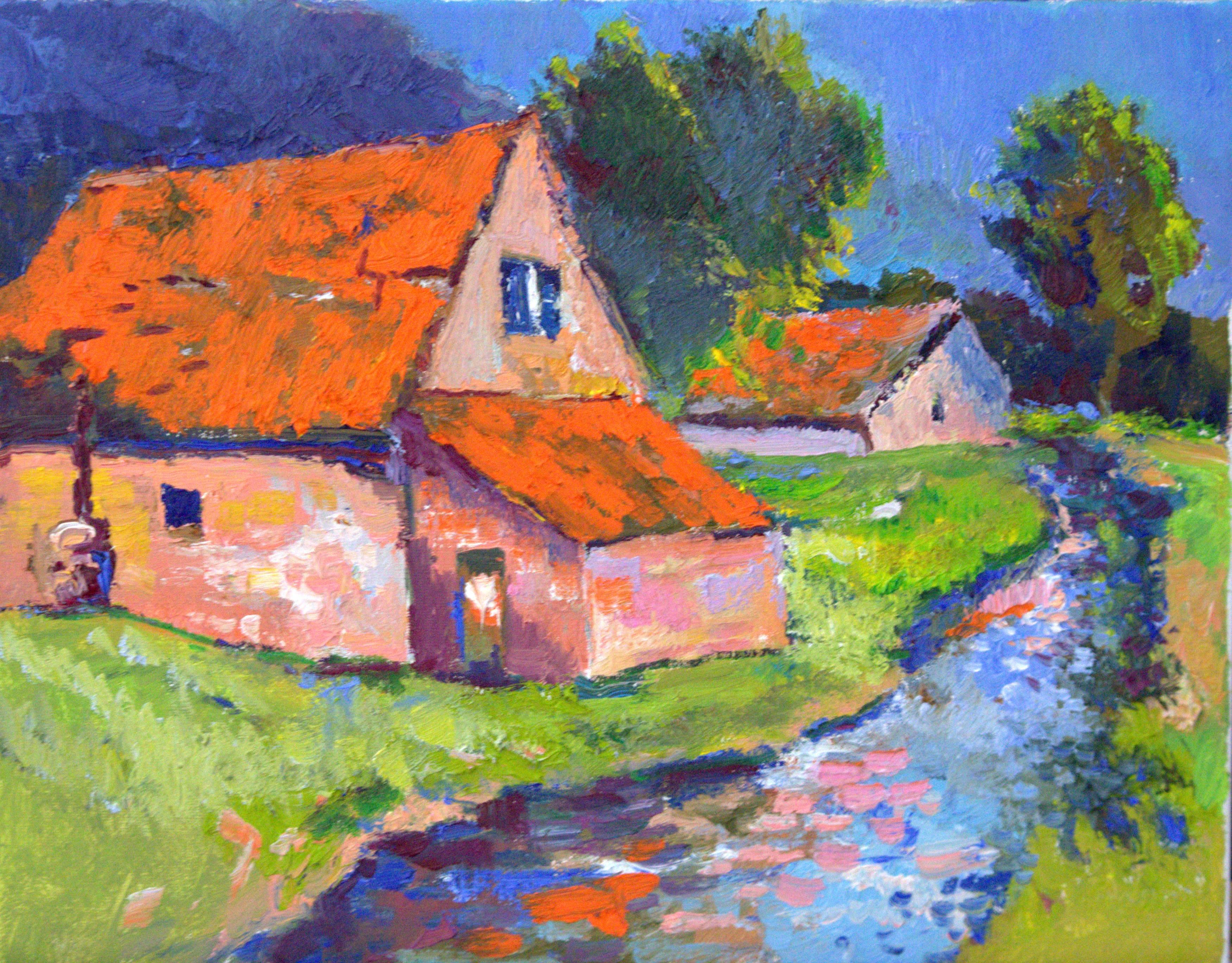 Farm Houses with Orange Roofs - Art by Suren Nersisyan