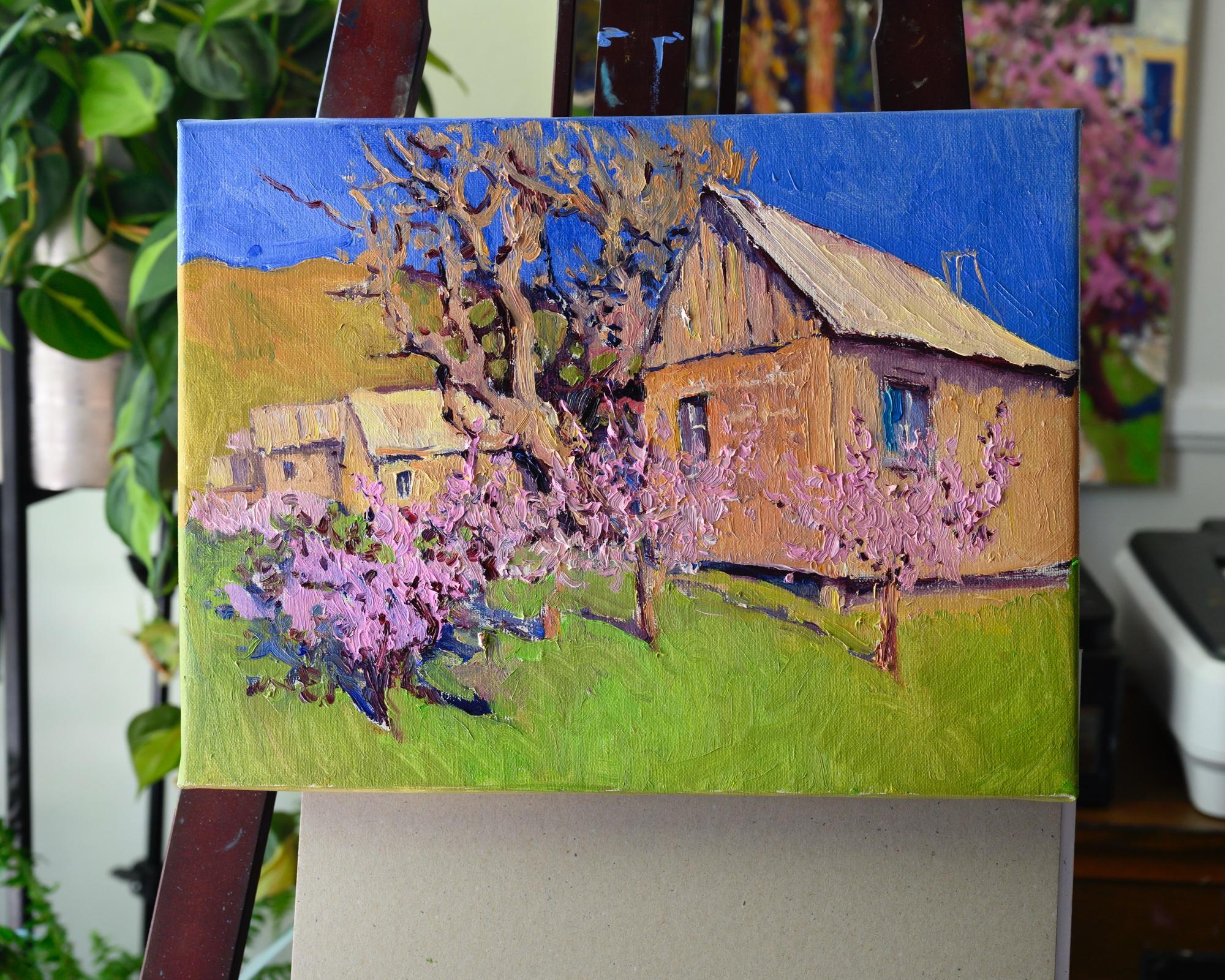 Bauernhäuser und Almondbäume, Frühling, Ölgemälde – Painting von Suren Nersisyan
