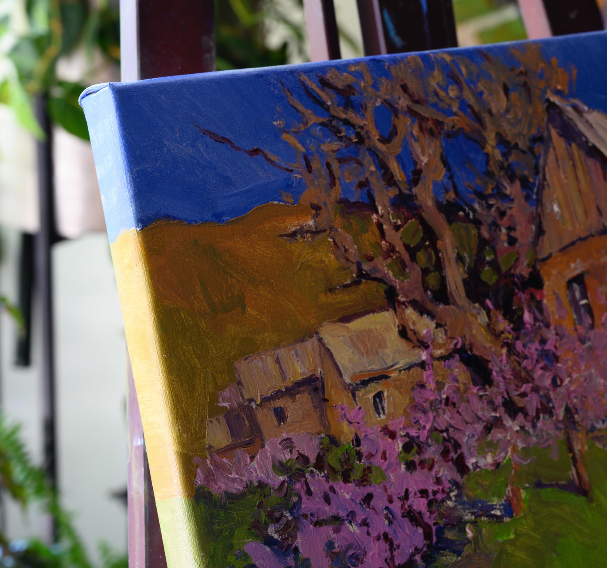 Bauernhäuser und Almondbäume, Frühling, Ölgemälde (Abstrakter Impressionismus), Painting, von Suren Nersisyan