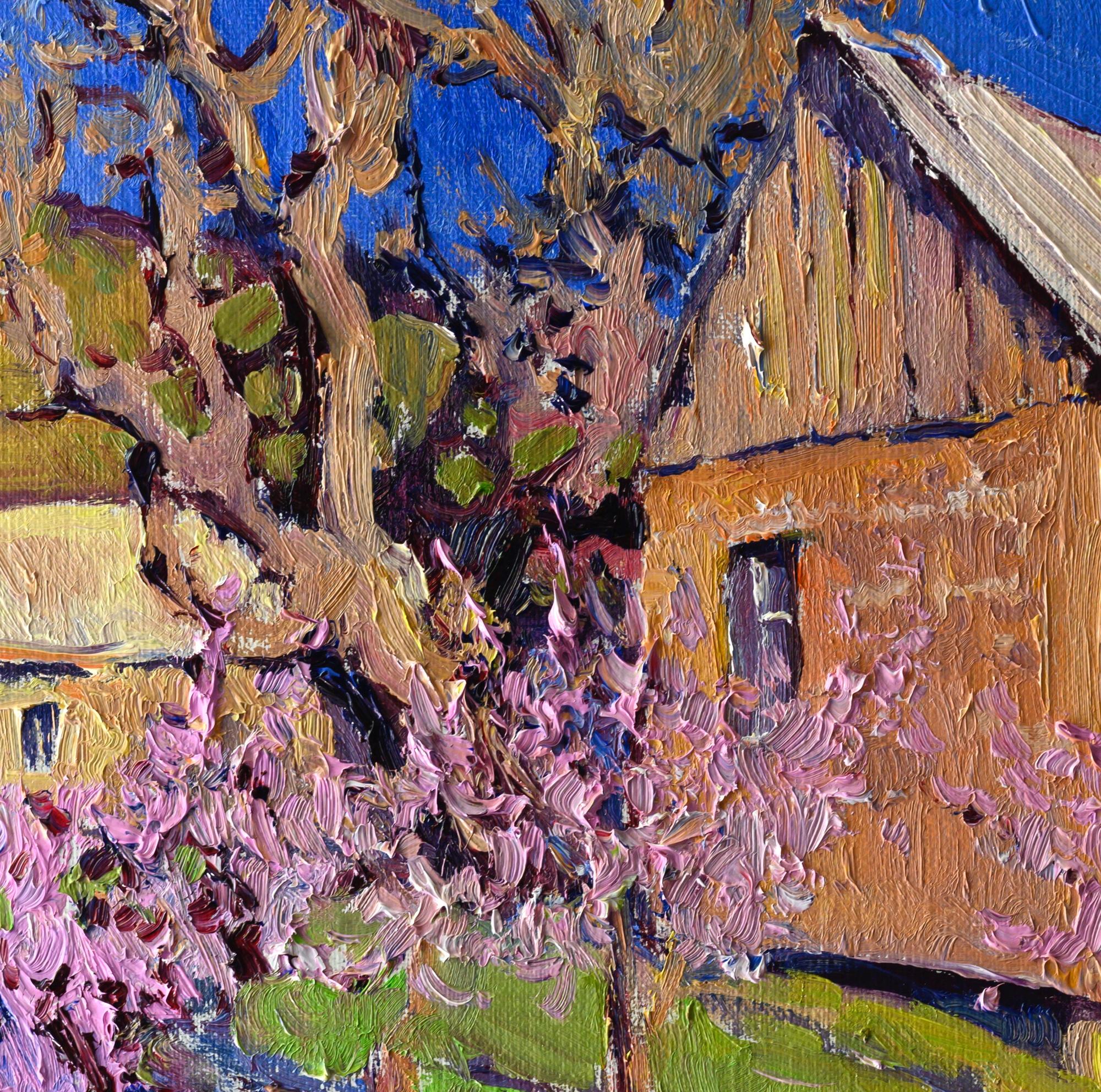 Bauernhäuser und Almondbäume, Frühling, Ölgemälde (Braun), Interior Painting, von Suren Nersisyan