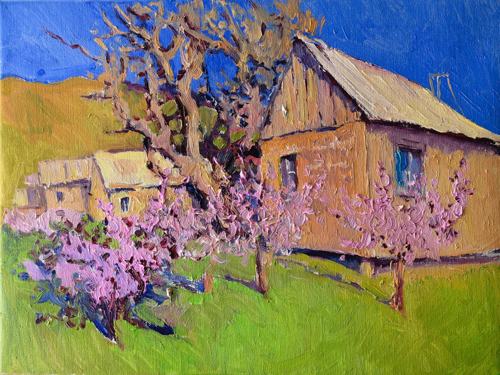 Suren Nersisyan Interior Painting – Bauernhäuser und Almondbäume, Frühling, Ölgemälde