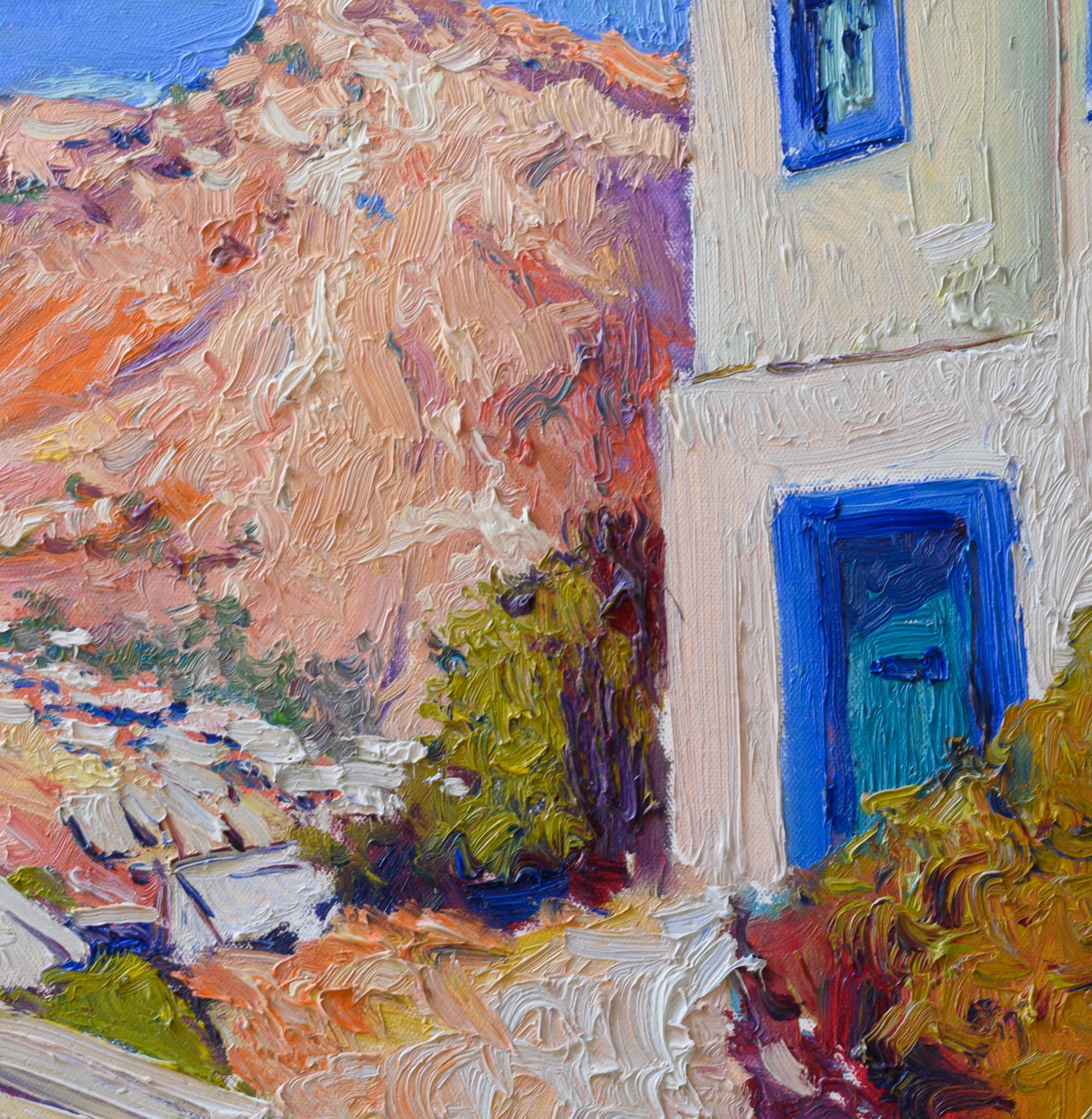 <p>Comentarios del artista<br />El artista Suren Nersisyan muestra una hermosa vista mediterránea de una isla griega. La pintoresca escena domina una encantadora ciudad griega al fondo. Las casas blancas, las rocas y el mar azul crean un ambiente