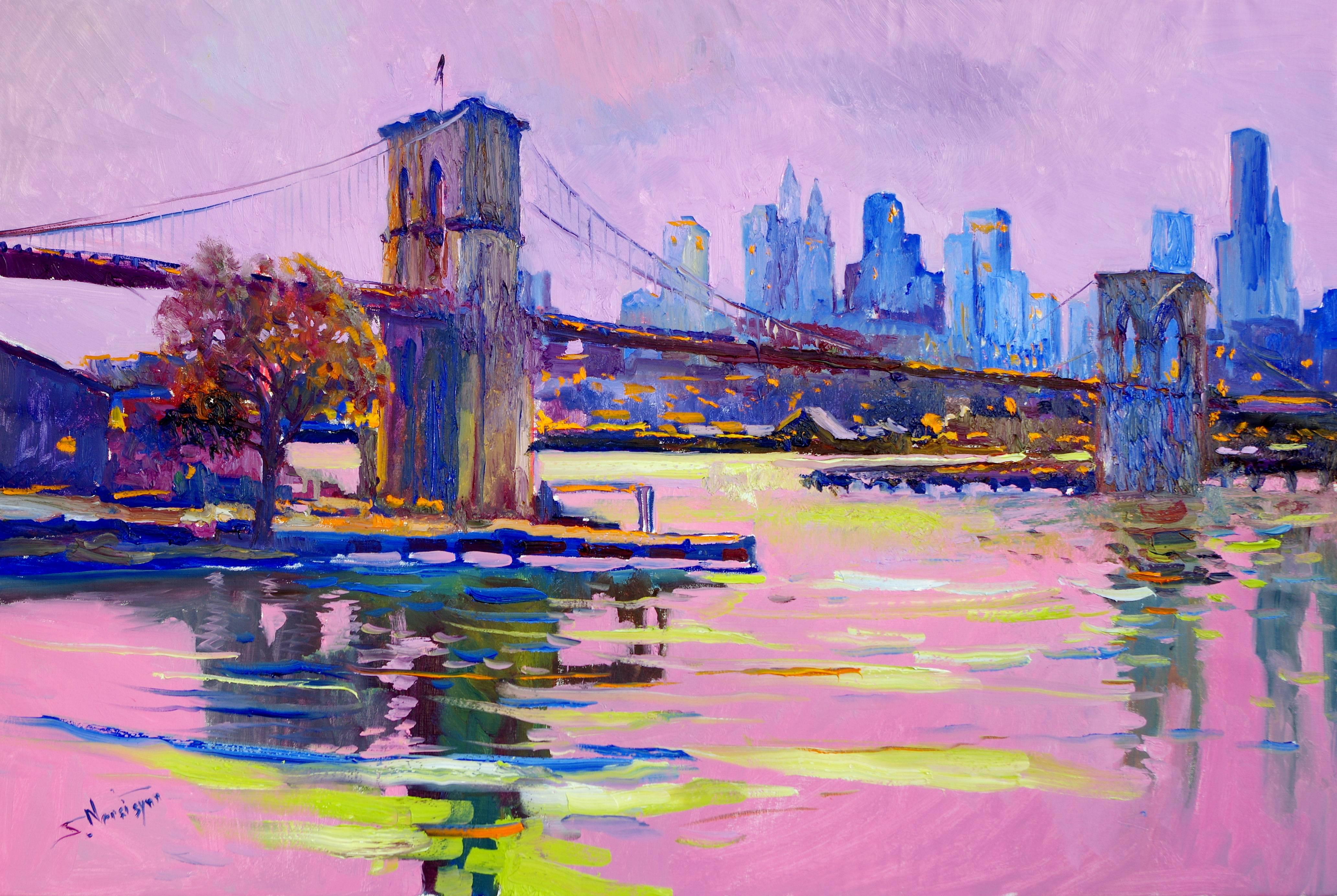 New York, Brooklyn Bridge (Pink Evening), Oil Painting - Art by Suren Nersisyan