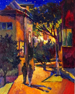 Night Walk in Suburbs, Oil Painting