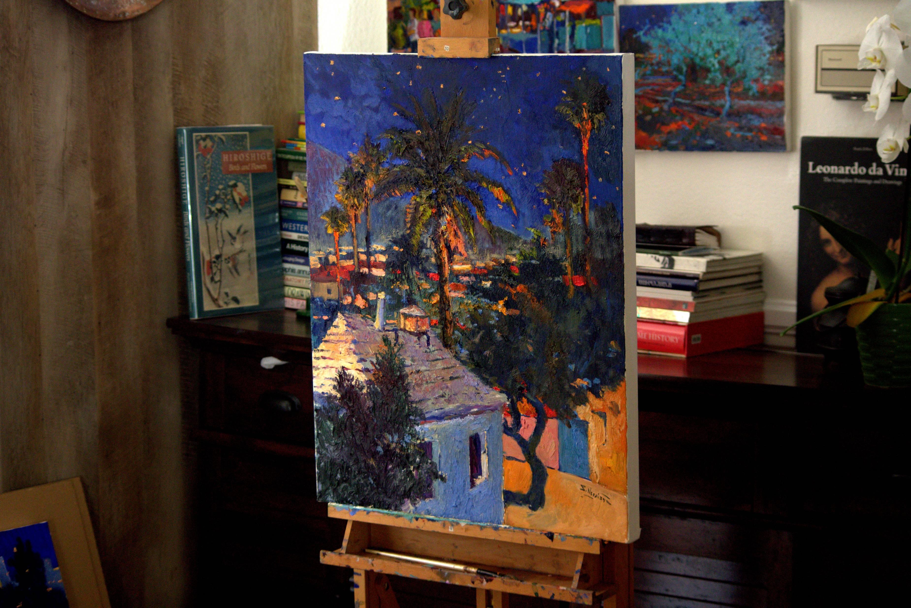 Old House and Palm Trees, Midnight - Painting by Suren Nersisyan