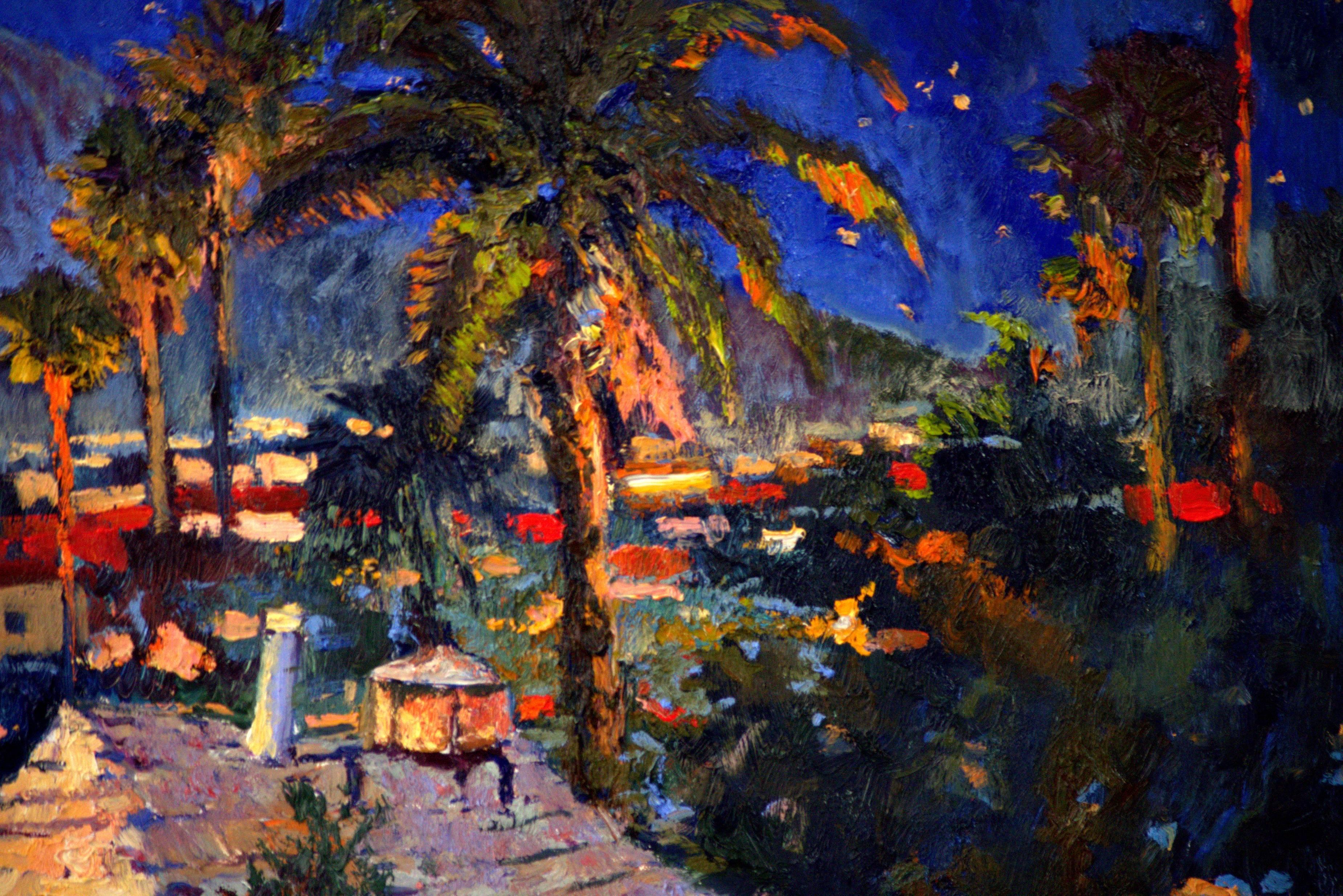 Old House and Palm Trees, Midnight - Landscape Painting Negro de Suren Nersisyan