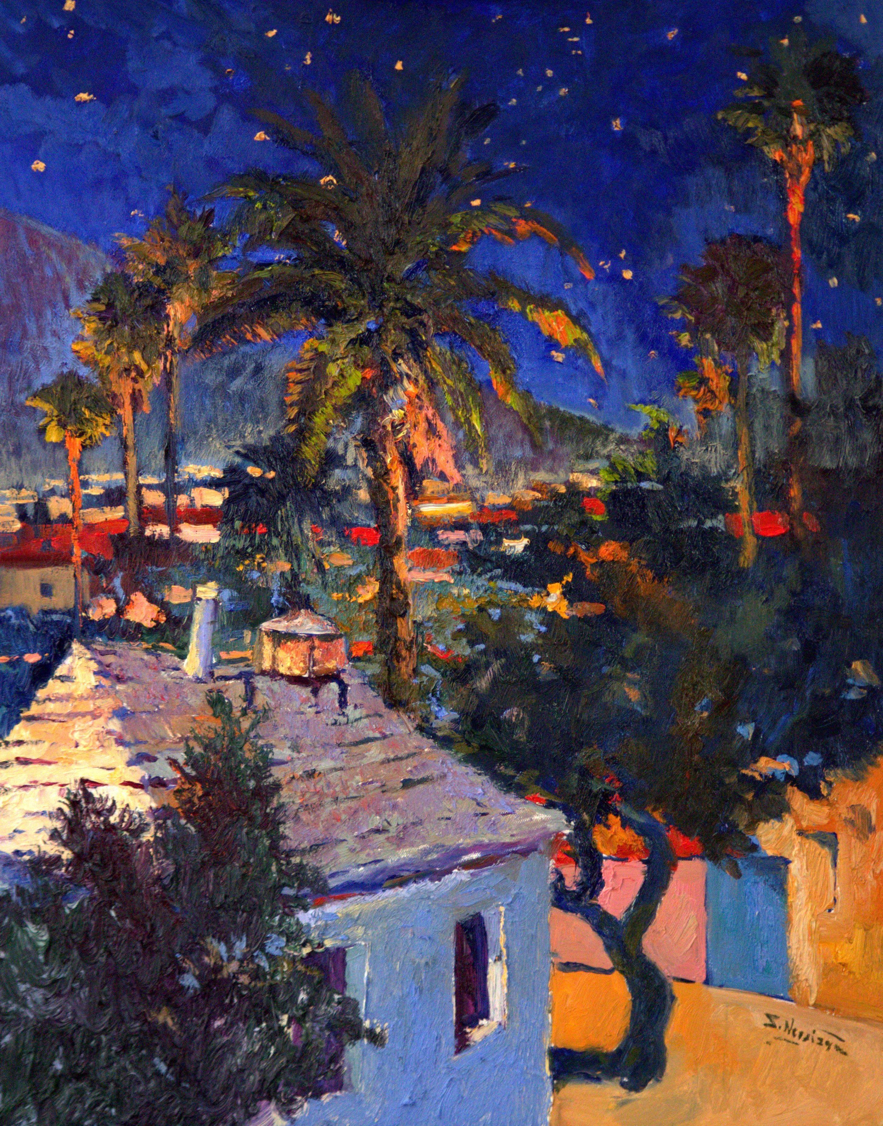 Suren Nersisyan Landscape Painting - Old House and Palm Trees, Midnight