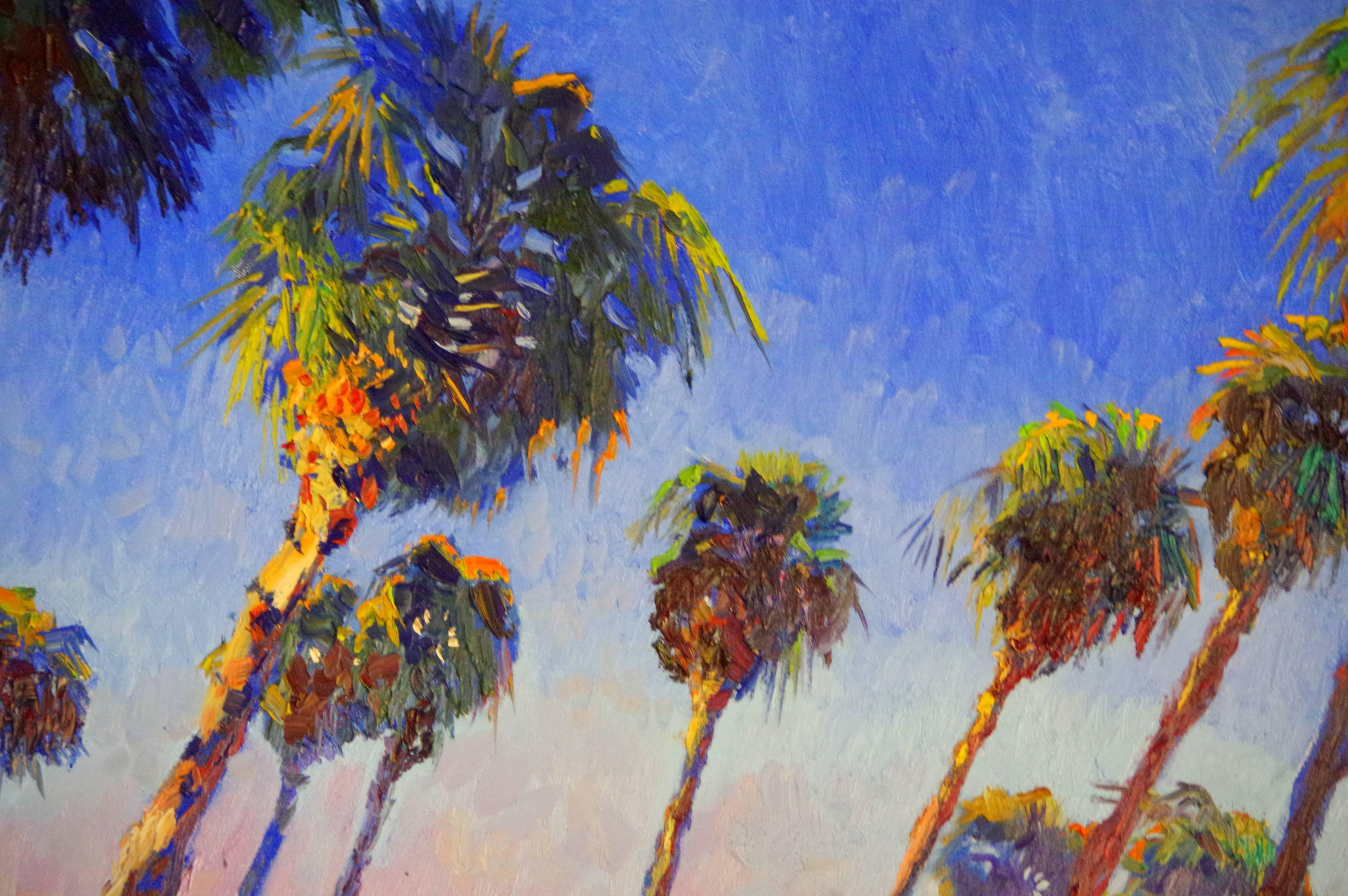 <p>Artist Comments<br> Palms always attract me with their elegant outlines. When the sky is bright blue, the beauty of these trees becomes more vivid. I used cobalt blue to express the deepness of the sky and provide an illusion of air surrounding