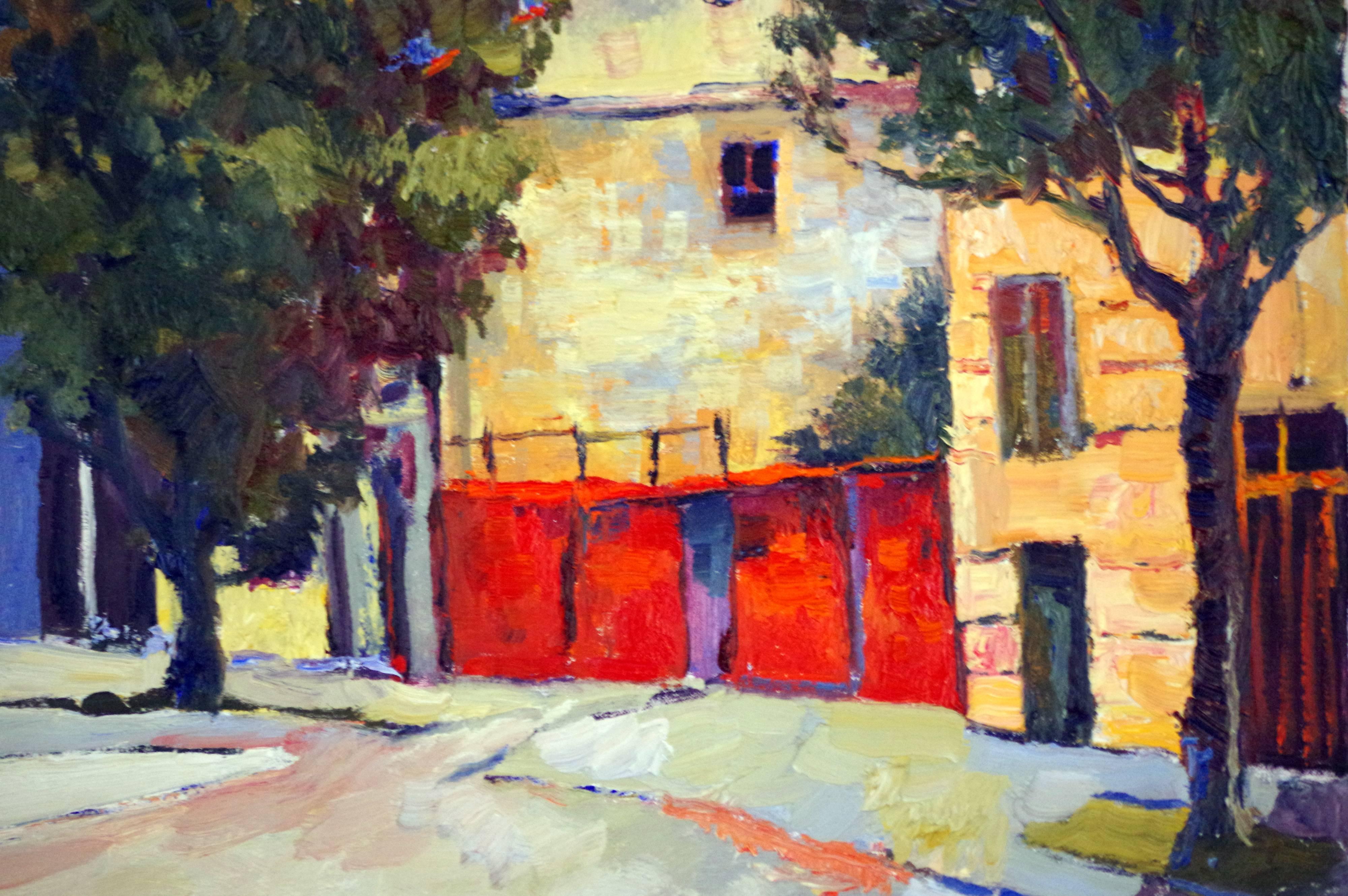 Red Wall in Old Town - Brown Landscape Painting by Suren Nersisyan