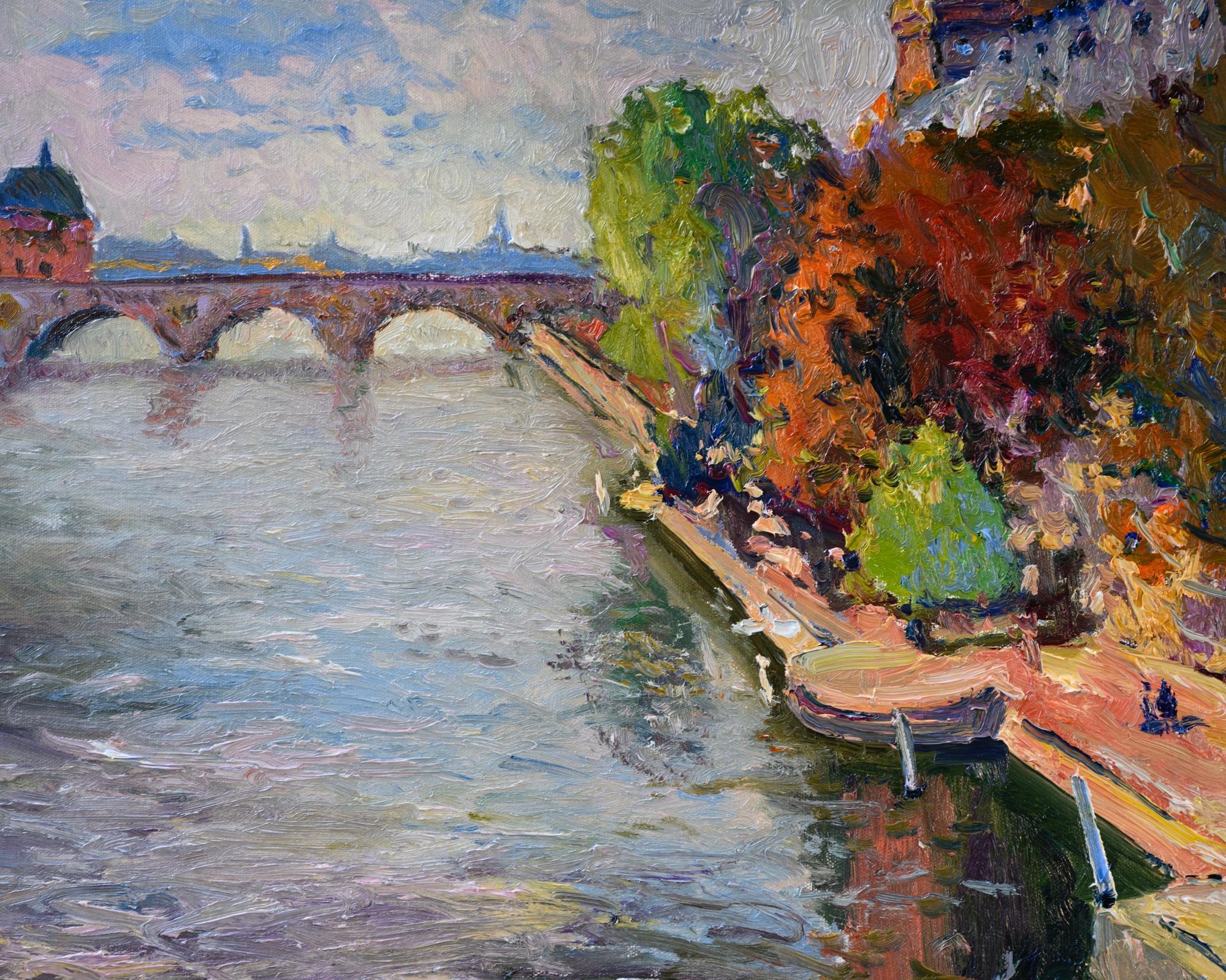 Peinture à l'huile de la rivière Seine à Paris, automne - Impressionnisme abstrait Art par Suren Nersisyan