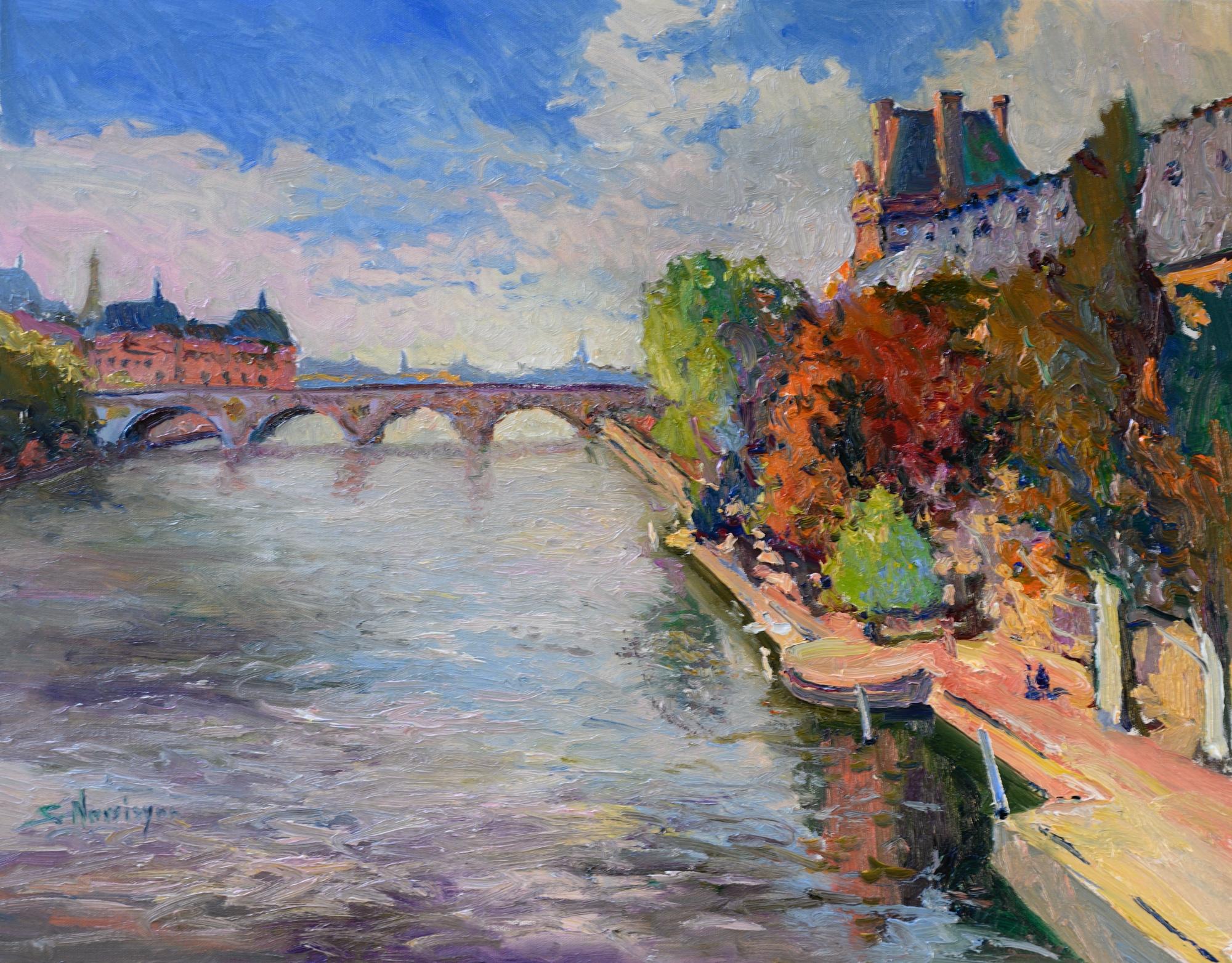Peinture à l'huile de la rivière Seine à Paris, automne - Art de Suren Nersisyan