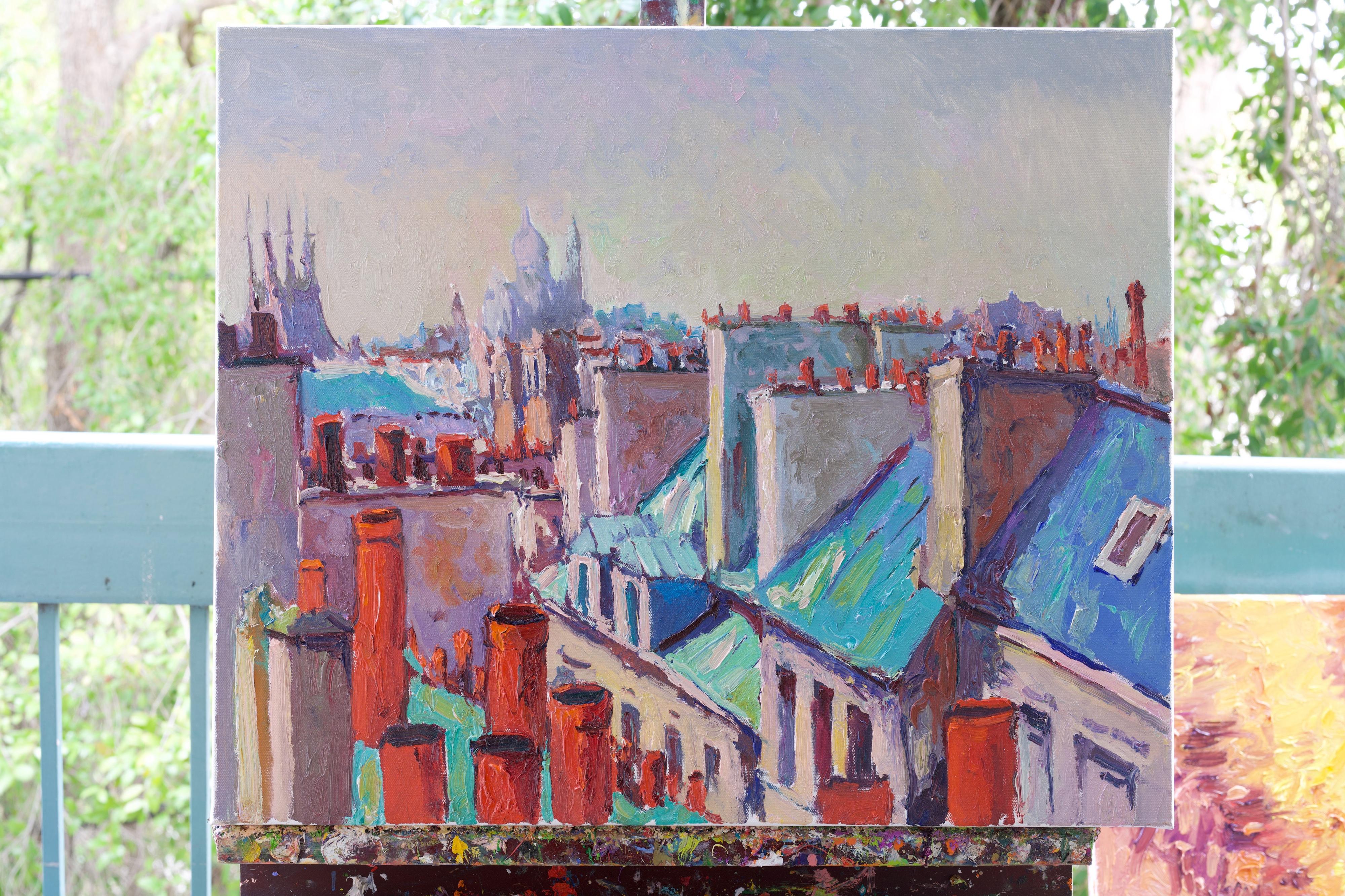 <p>Commenti dell'artista<br>I tetti parigini spiccano per il loro fascino distintivo, rendendo lo skyline della città immediatamente riconoscibile. L'architettura, ricca di patina, mescola colori turchesi e blu oltremare che contrastano