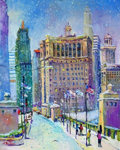 Snowing in Chicago, North Michigan Ave, Oil Painting