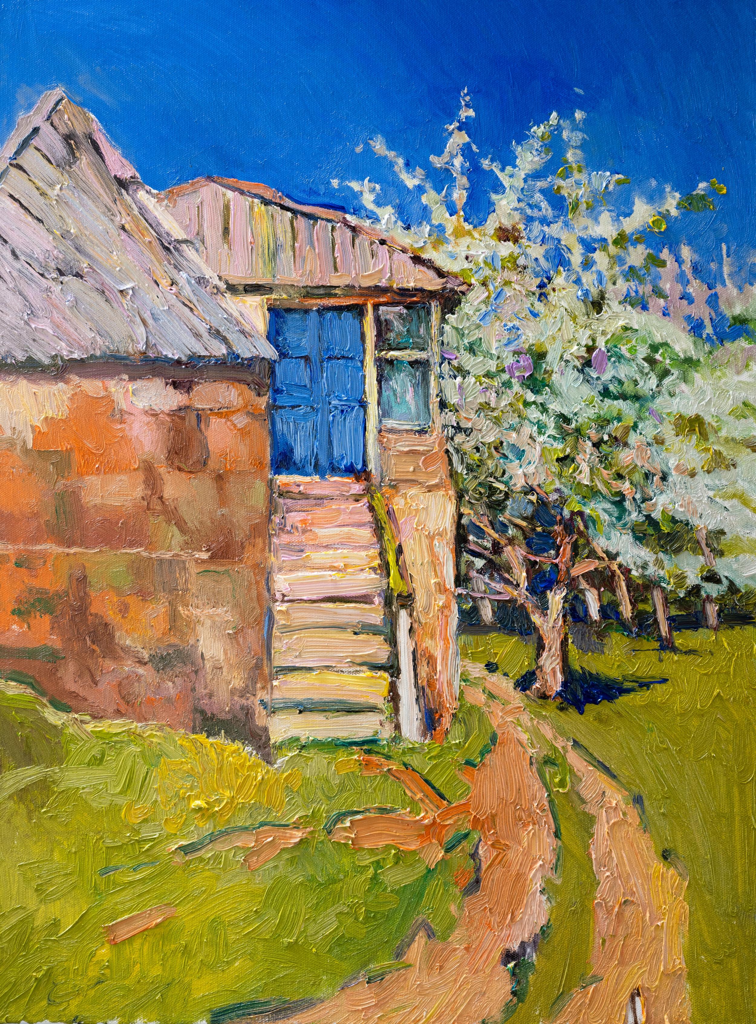 Spring and Old Farm House with Blue Door, Oil Painting - Art by Suren Nersisyan