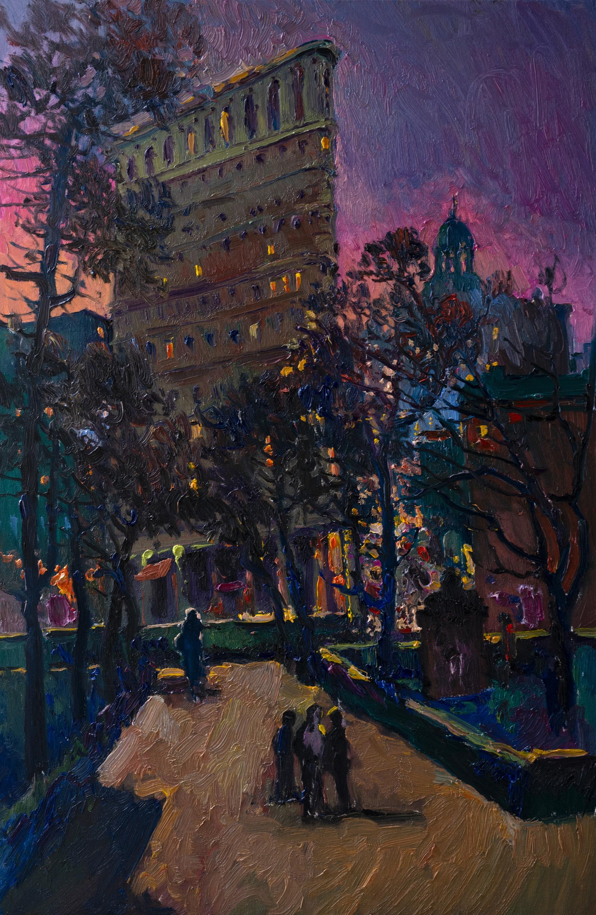Twilight in New York, Flatiron Building, Oil Painting - Art by Suren Nersisyan