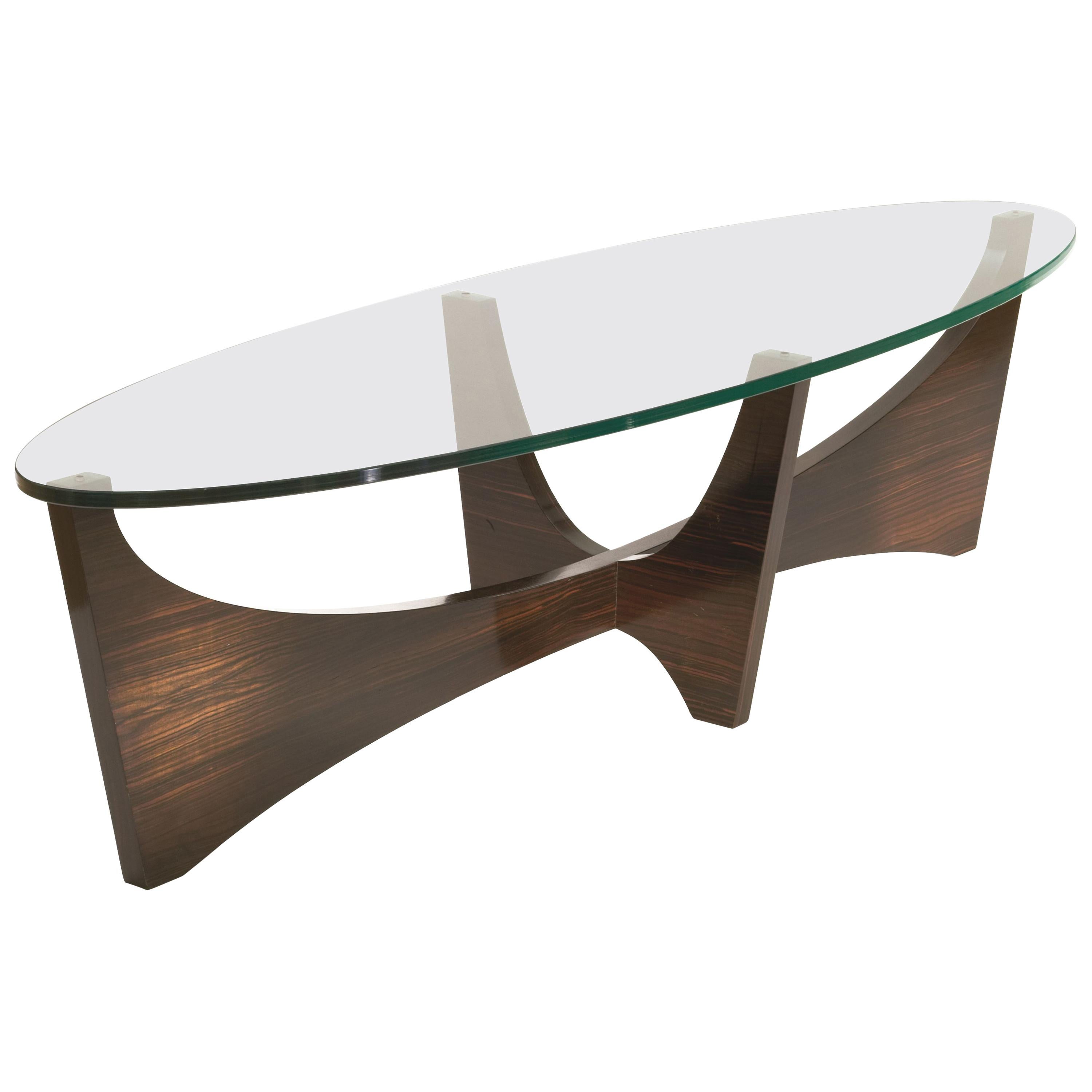 Surfboard Shaped Cocktail Table in Macassar Ebony and Hand Worked Glass For Sale