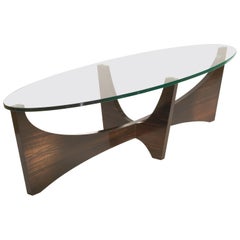 Surfboard Shaped Cocktail Table in Macassar Ebony and Hand Worked Glass