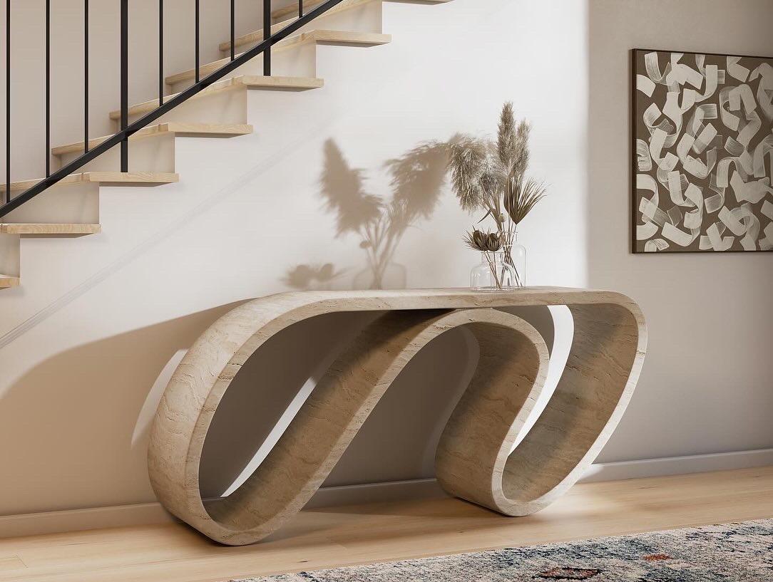 Carved Surge Console In Travertine by Neal Aronowitz For Sale