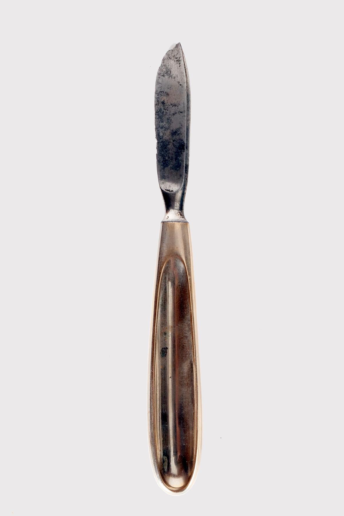 Instrument chirurgical datant de la fin du 19e siècle et du début du 20e siècle. Un scalpel en fer. Avec poignée en laiton. Tiemann & Co, fabrication américaine. New York, États-Unis vers 1900.