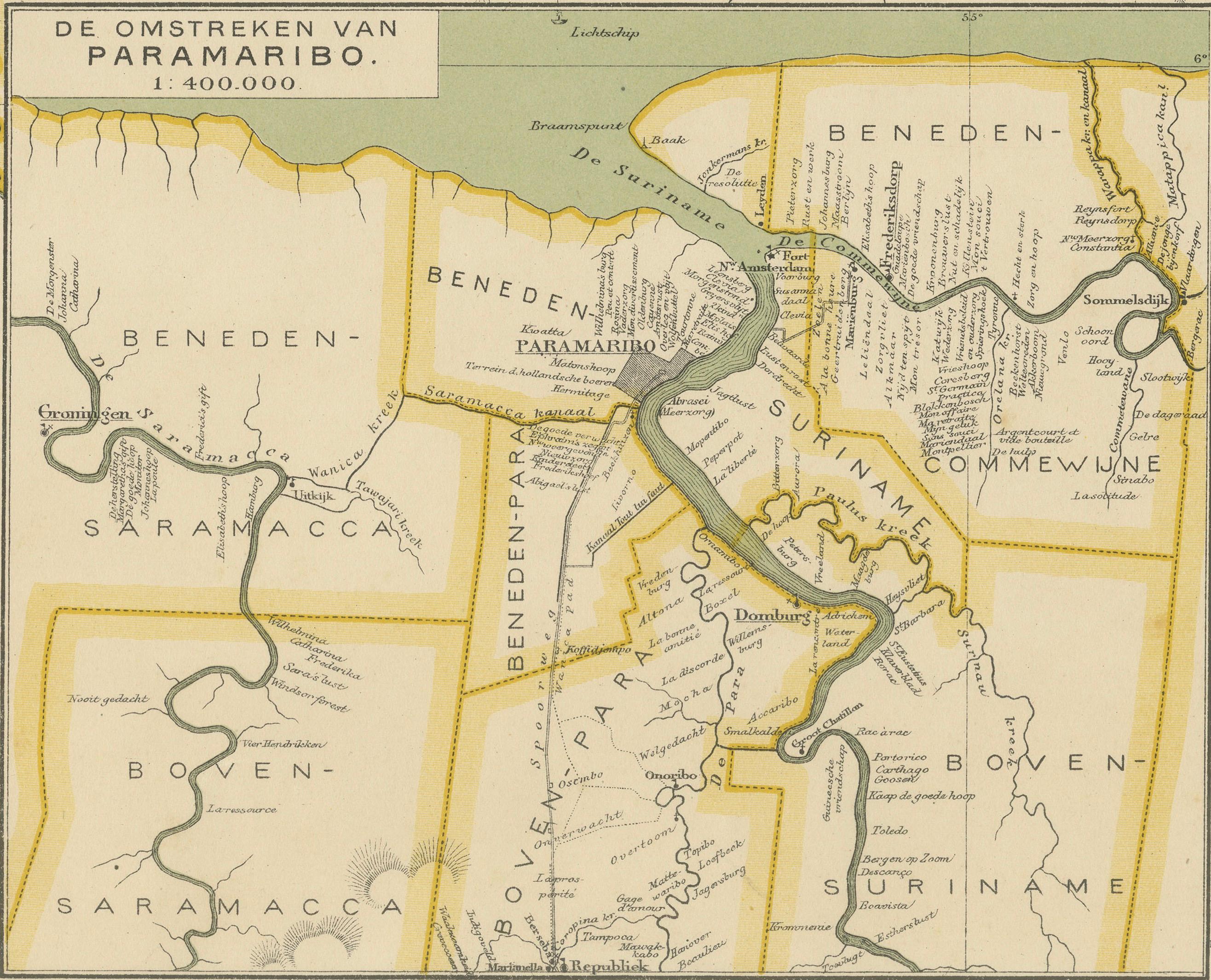 Suriname – Antique Dutch Colonial Map with Districts and Paramaribo Inset, 1905