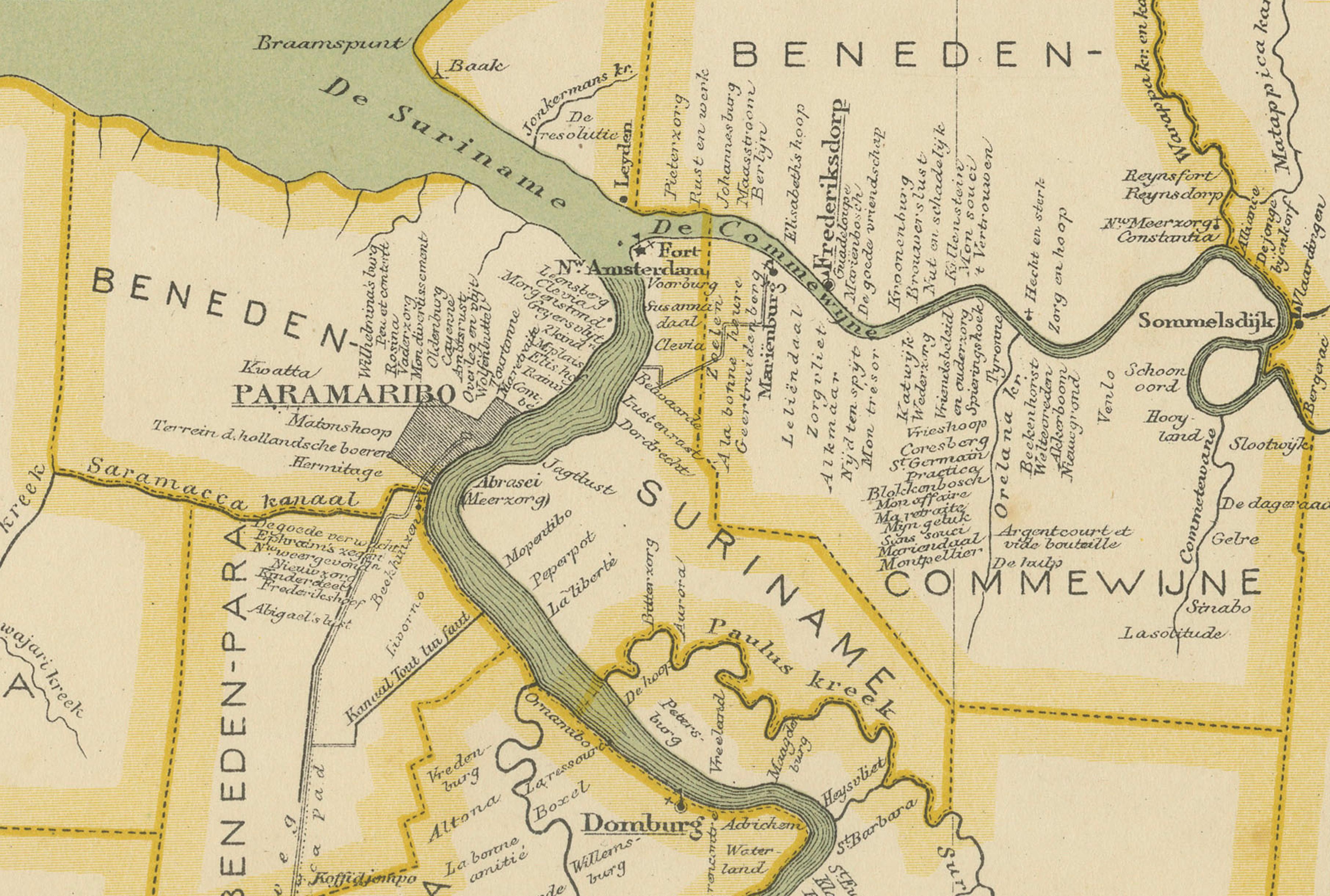 Suriname – Antique Dutch Colonial Map with Districts and Paramaribo Inset, 1905